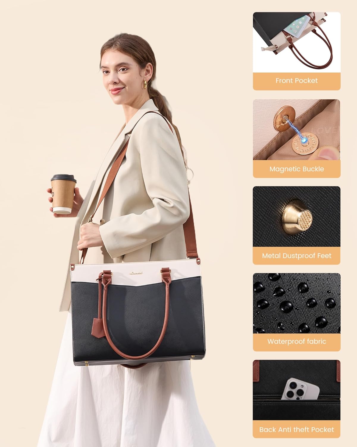 2-in-1 LOVEVOOK Laptop Bag for Women, Tote Purse with Clutch & Cup Holder, Waterproof Briefcase for Work Travel