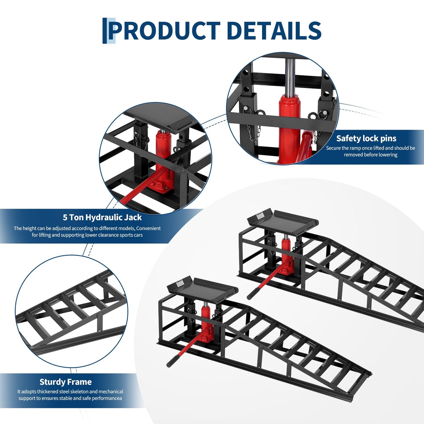 GarveeHome Hydraulic Car Ramps 2 Pack - 11000Lbs Capacity Low Profile Vehicle Ramps for Oil Changes, Trucks, Trailers & Garage Auto Repair, Heavy Duty Steel Construction, Black