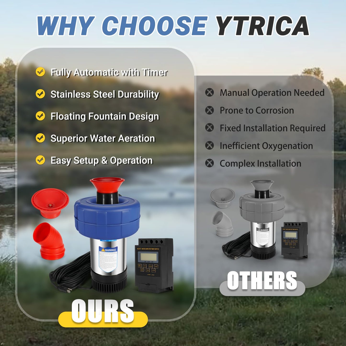 Ytrica Pond Aerator Fountain, 15000 GPH 1HP 110V 750W Floating Fountain Pump, Fit for Large Small Outdoor Ponds Lakes - with 100 Feet Power Cord & Timer Fully Automatic Stainless Steel Aerator