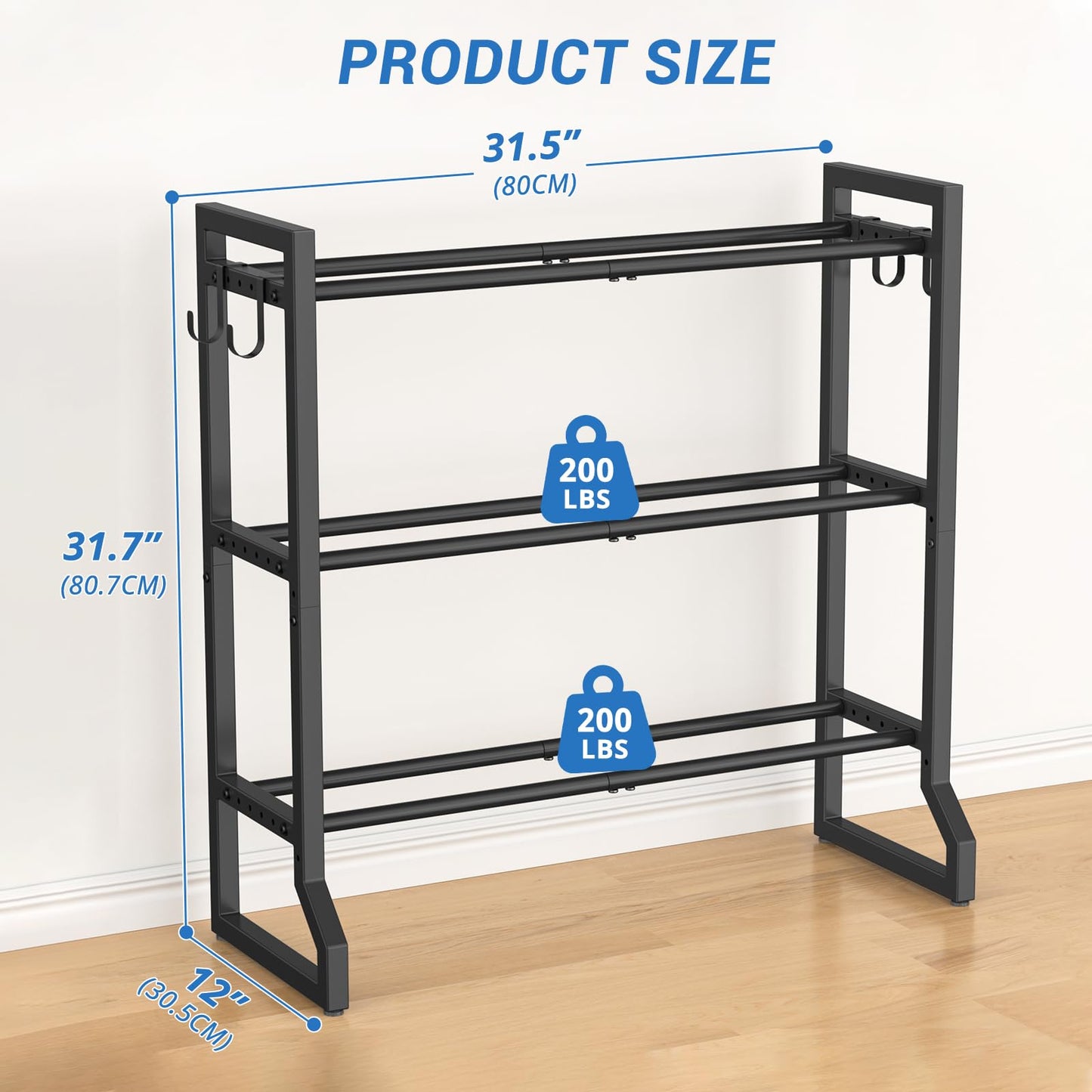 VOPEAK 3-Tier Adjustable Dumbbell Rack, 31-Inch Weight Rack for Home Gym with 4 Hooks, Home Gym Storage for Kettlebells, Space-Saving Dumbbell Stand - 400LB Capacity (Rack Only)