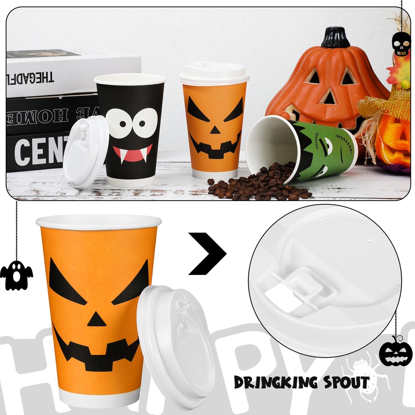 Lallisa 120 Pcs/60 Set Halloween Disposable Coffee Cups with Lids 16 oz Disposable Paper Cups Set Halloween Birthday Party Supplies for Hot Cold Drinks Tea Hot Chocolate Cocoa (Face)