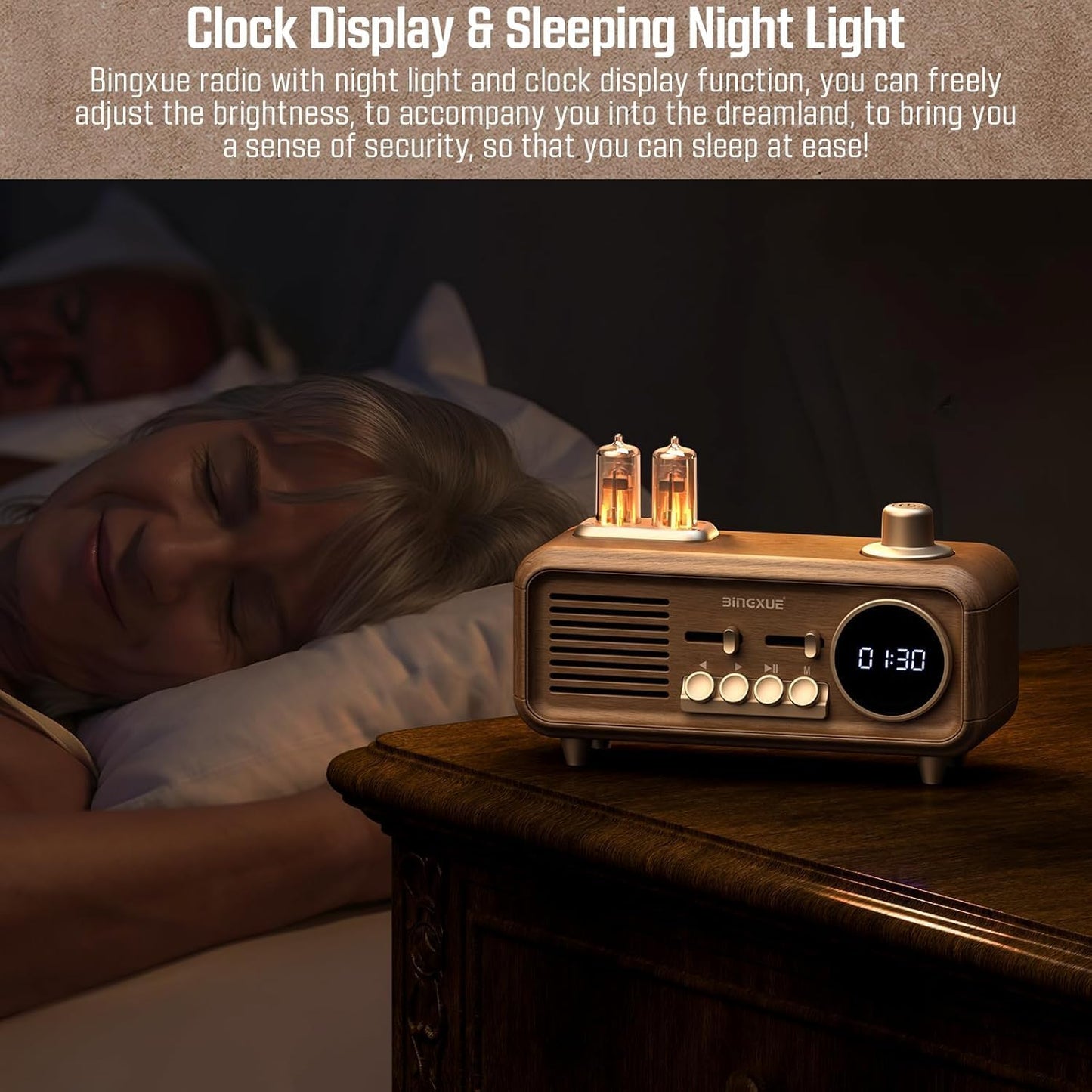 Bingxue Speaker,12/24H Retro Radios FM Portable Bluetooth Small Plug in Vintage Clock Radio with USB/AUX/TF Card