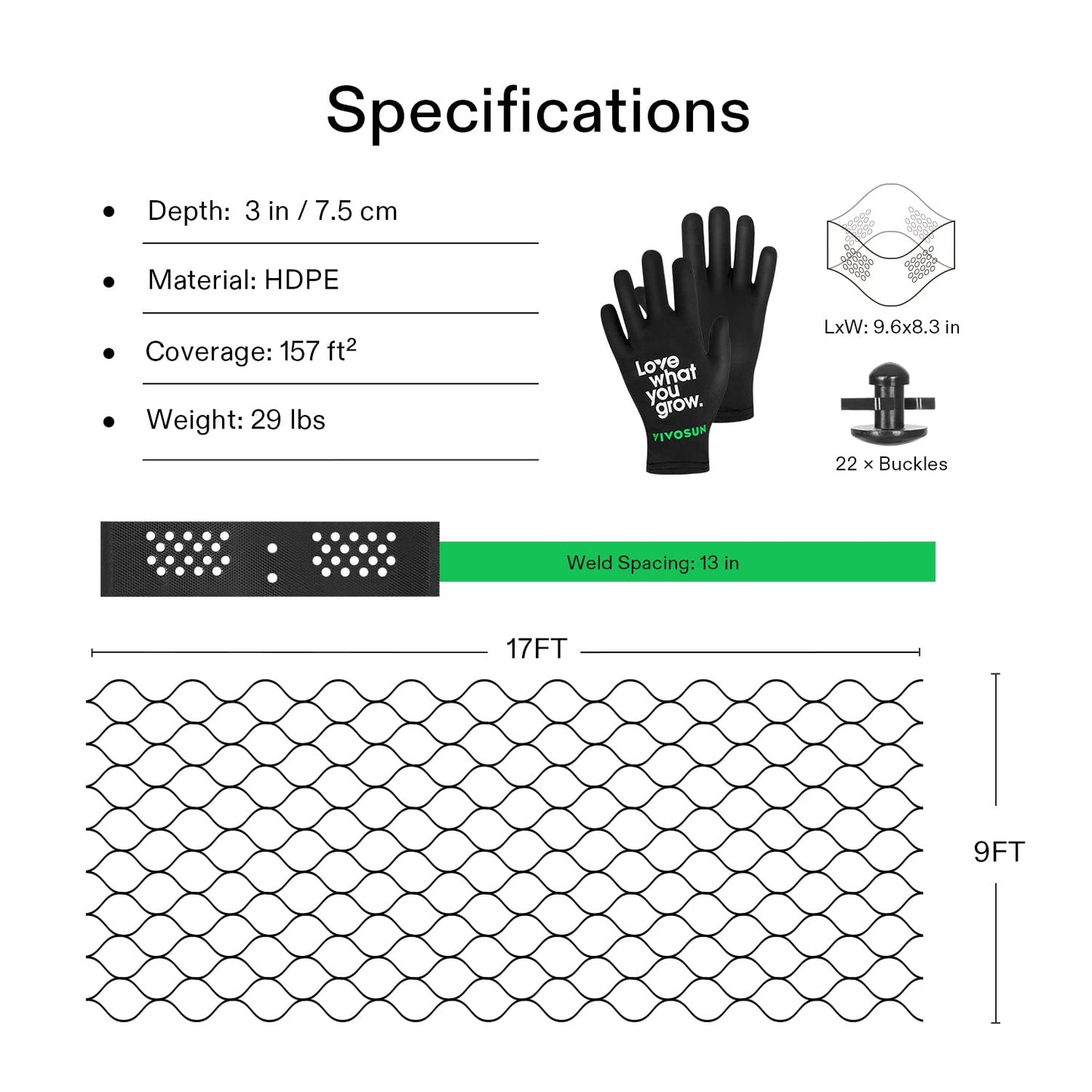VIVOSUN 3’’ Depth Ground Grid, 9x17 ft, High-Density HDPE Geo Cell, 1885 lbs per sq ft Load, Foldable & Tensile, Easy Installation with Gloves, Perfect for Gardens, Driveways, Pathways