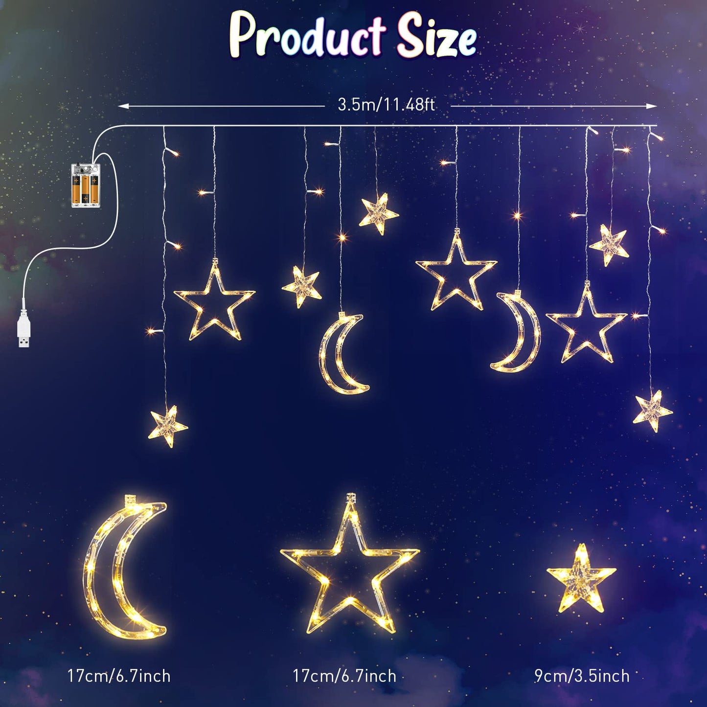 Riakrum 11.48 ft LED Star and Moon String Lights, Warm White, USB Powered, Waterproof, Model Riakrum-String Lights-073