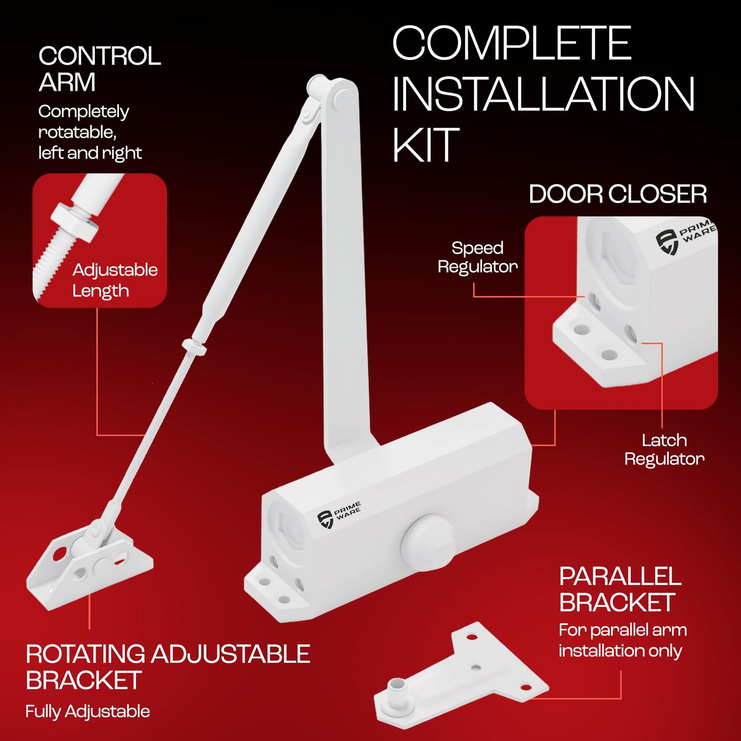 PrimeWare DC-300 Automatic Adjustable Door Closers for Home | Soft Close, No Slam | Residential and Commercial Door Closer | Level 3 | for Doors Weighing 90-140 lbs | Hydraulic Door Spring - White