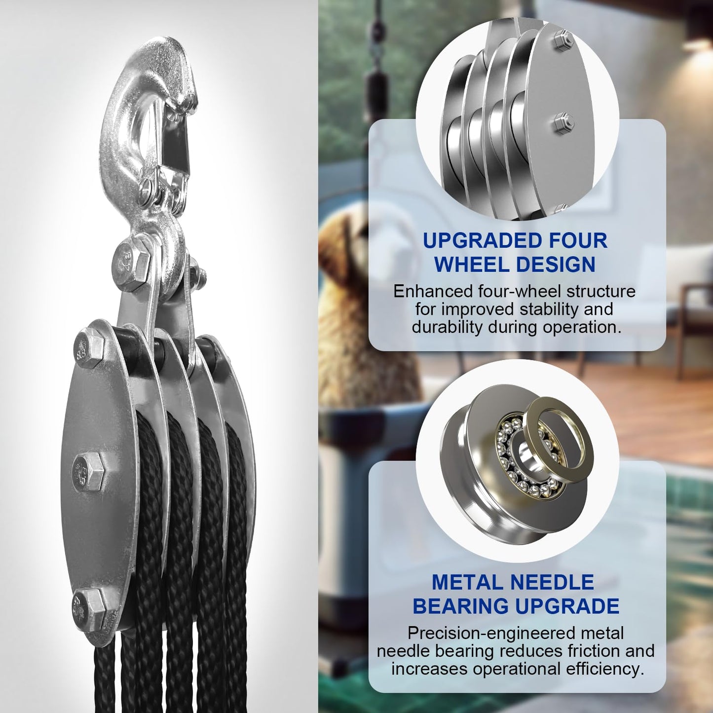 SALIFTFE Block and Tackle Pulley System, Upgraded 4-Wheel Rope Pulley Hoist, 8:1 Lifting Power, 2200LB Work Load with 65Ft of 1/4" Rope, Ultra-Compact Rope Hoist for Garage, Hunting, and Heavy Lifting