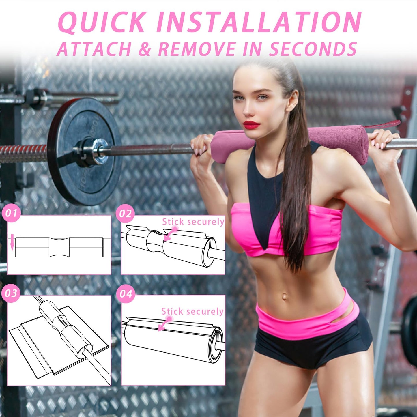 Lights Mountain 2-in-1 Thick Foam Barbell Pad - Non-Slip for Hip Thrust, Squat, Neck & Shoulder Pain Relief, Fits Standard/Olympic Bars, Pink (for Women)