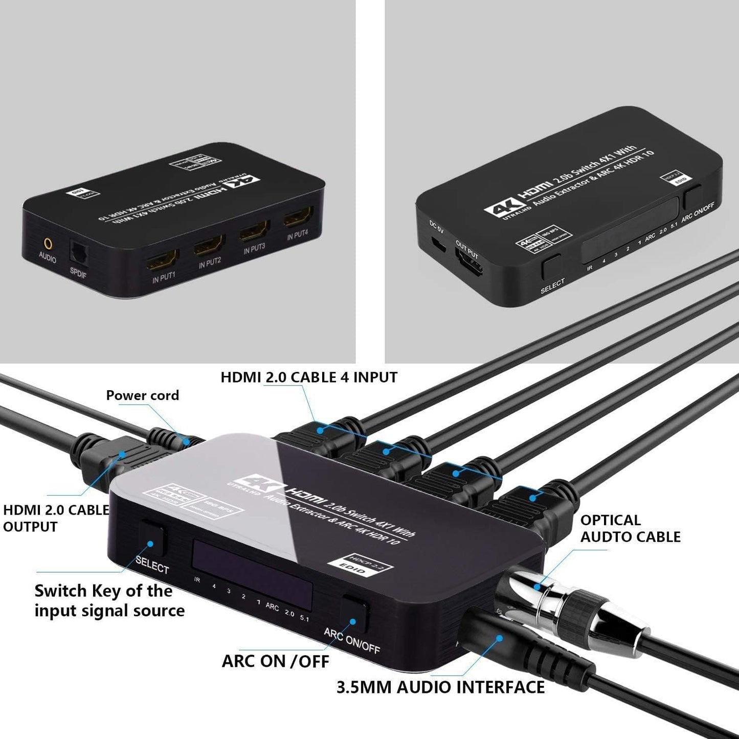 Wonlyus 4x1 4K@60Hz 3.5mm 3D, 1080P @120Hz, 4Kx2k @60Hz HDMI Switch with Audio Extractor, Ultra HD HDMI Switcher