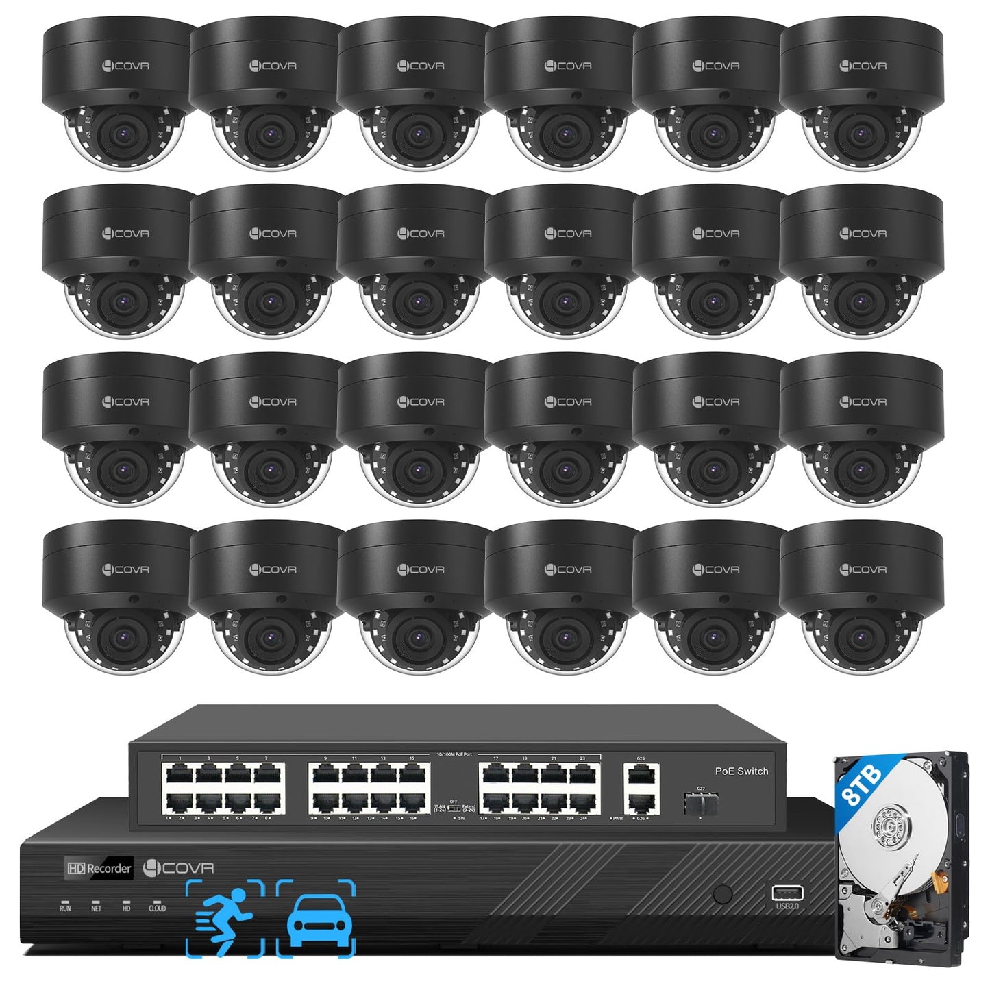 4COVR PoE 32 Channel Security Camera System AI Human Vehicle Detection, 24Pcs 5MP IK10 Vandal-Proof Dome IP Camera IP67 with Mic, 4K UHD NVR 8TB HDD, Commercial Surveillance Outdoor, LY54AB5M3224