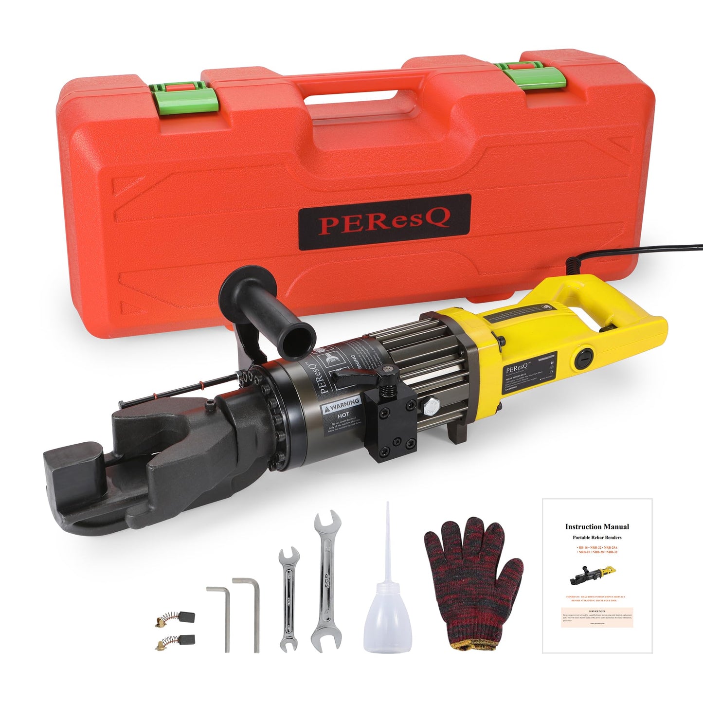 PEResQ Electric Rebar Bender, 5/8 Inch (16 mm) Hydraulic Portable Rebar Bending Machine, 1200W 120V, 2–2.5 s Fast Bending, 27.6 lb, Model RB-16 (Yellow)