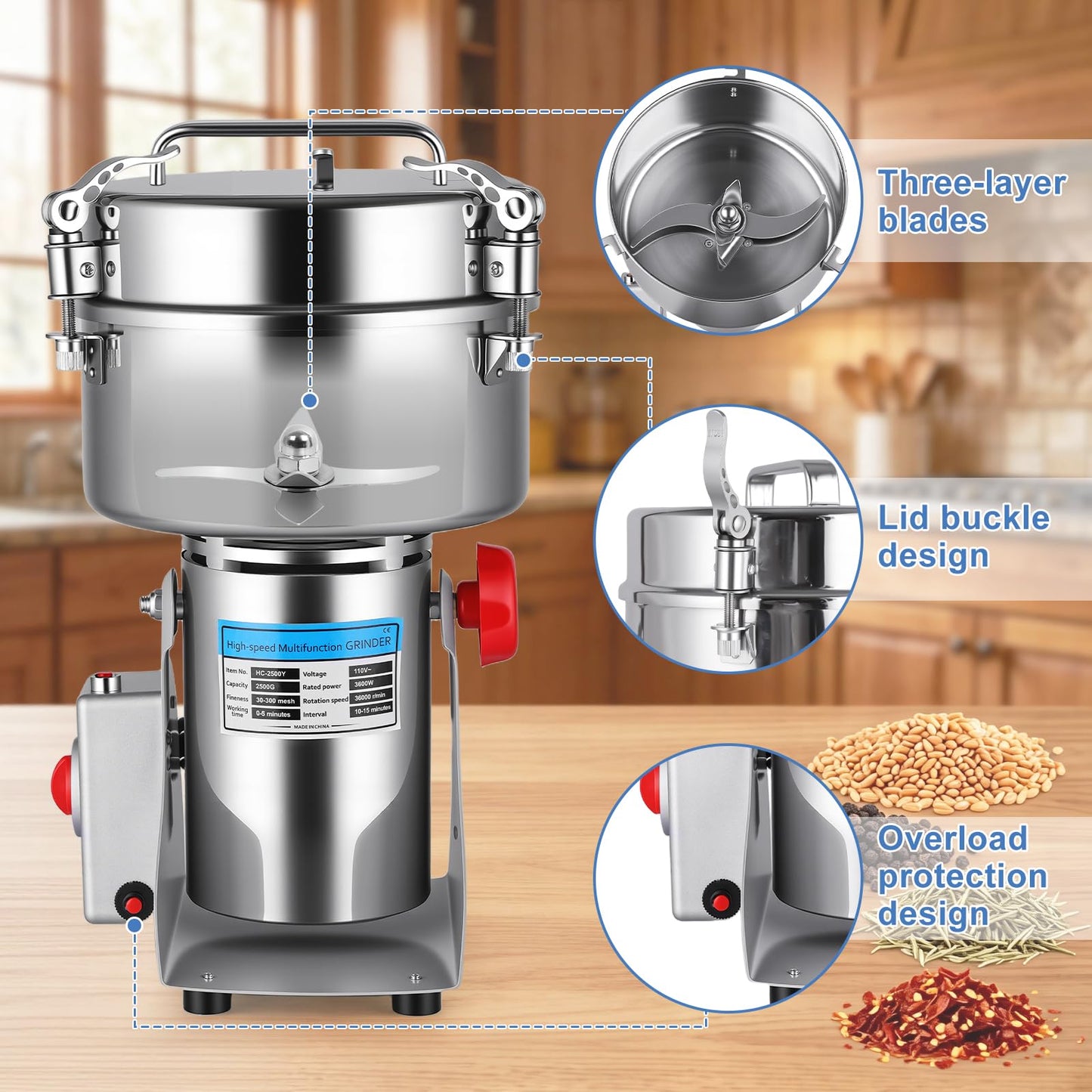 Powerful 3600W Grain Mill Grinder – 2500g Stainless Steel, 36000 RPM Triple-Blade System, 270° Swing for Easy Flour Making, 30-300 Mesh Adjustable, for Home Kitchen & Coffee Shop
