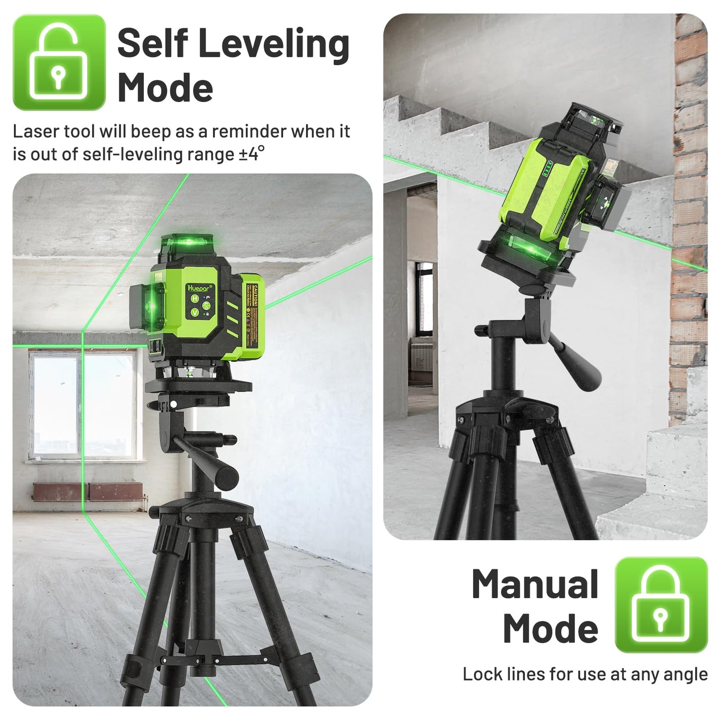 Huepar Laser Level 360 Self Leveling, Rechargeable Green Laser 4x360° Cross Line Lazer Leveler 4D Level Laser Tool for Construction with Two Li-ion Batteries, Magnetic Bracket &Hard Carry Case -LS04CG