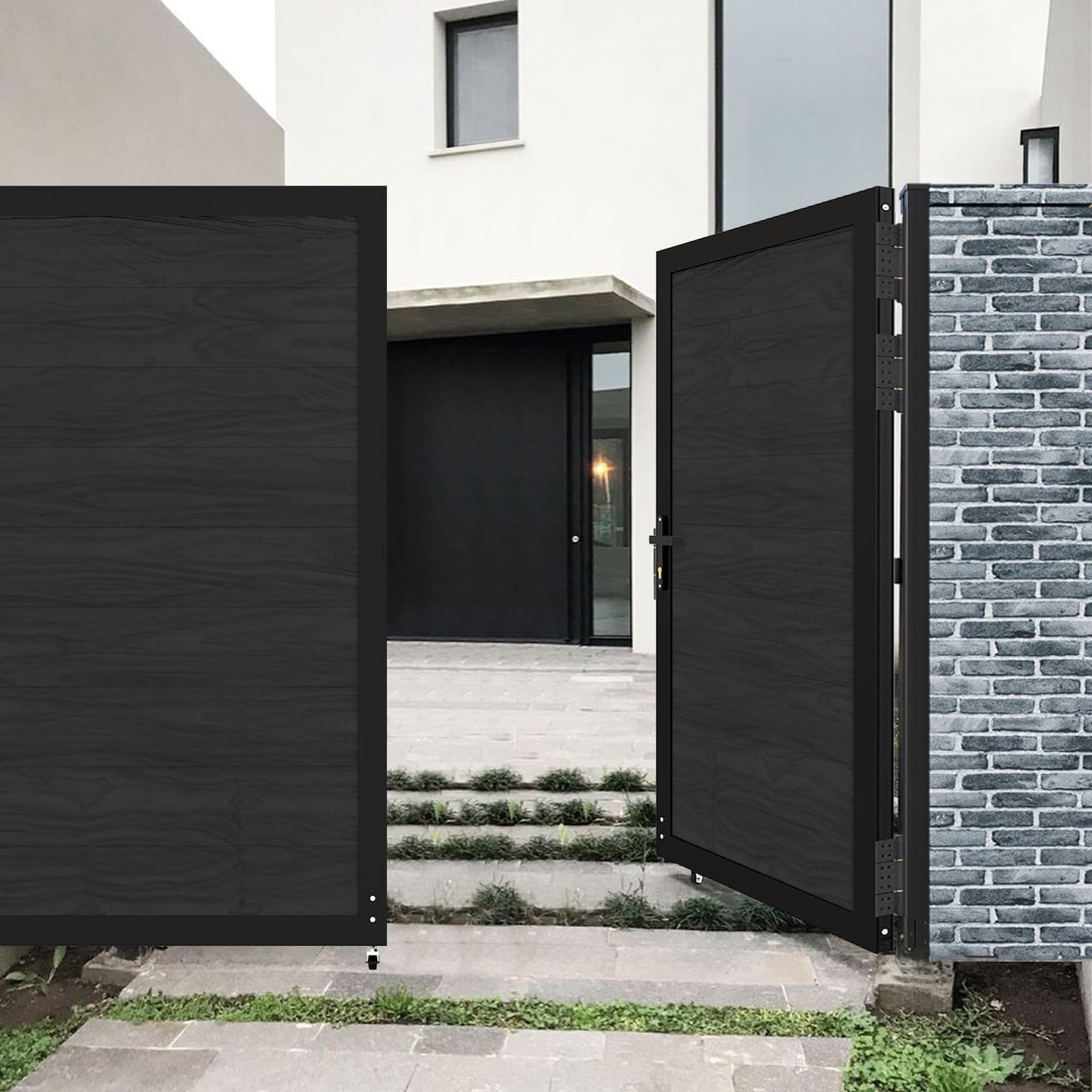 Treslam Wood Plastic Privacy Double Fence Gate 6ft(H) x 8ft(W), Metal Frame with Knob Kits, Durable Composite Outdoor Gate,Black
