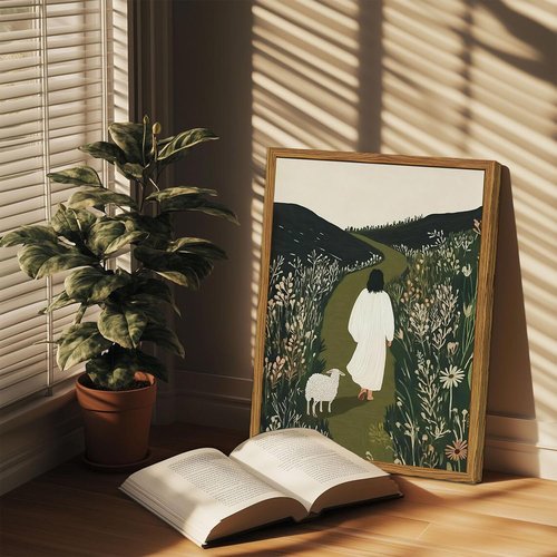 Framed Jesus Wall Art - Christian Canvas Print of Jesus and The Lost Lamb | 12x16 Inch Religious Decor