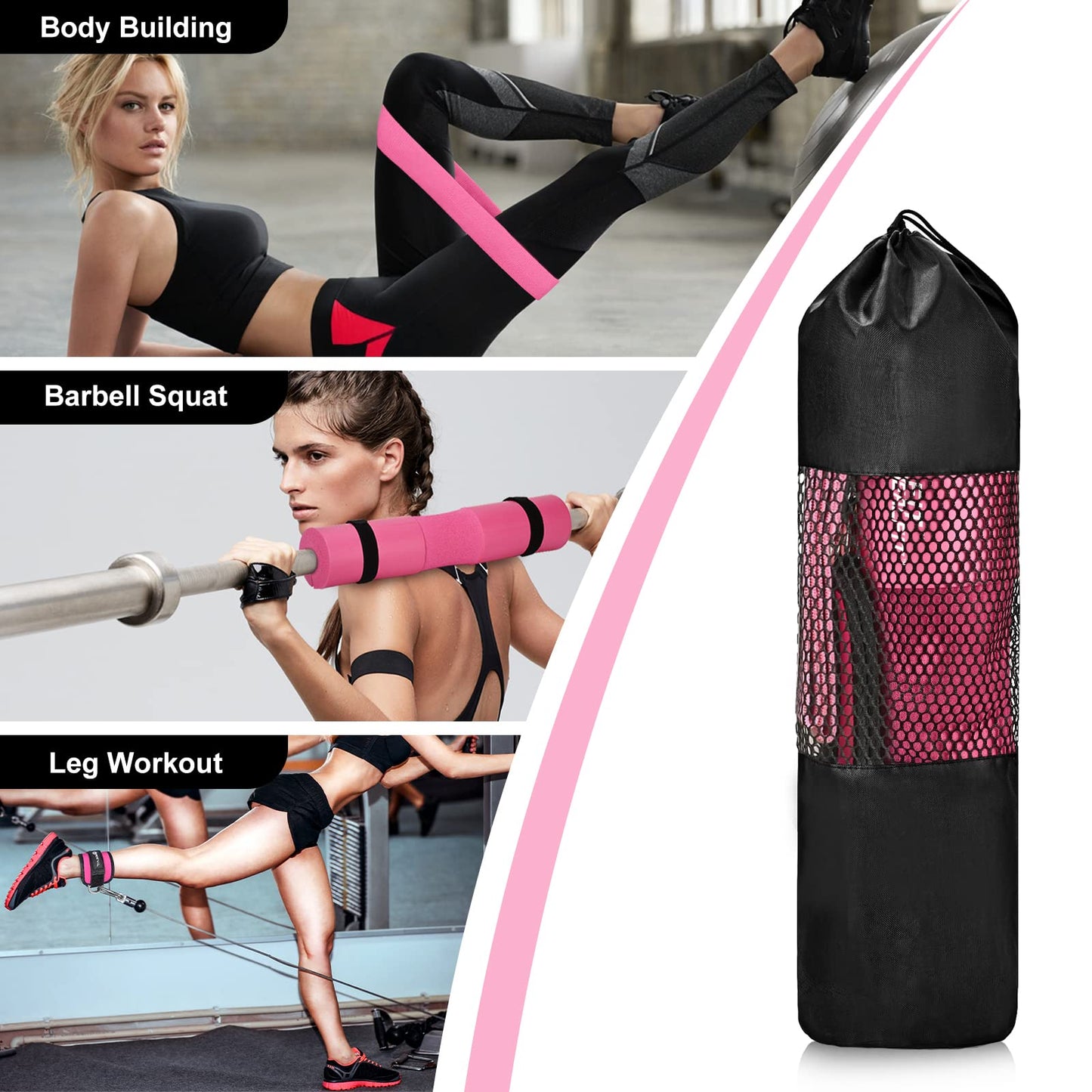 NEALFIT Barbell Pad Set for Squats, Lunges and Hip Thrusts, Neck & Shoulder Protective Pad, Standard Olympic Bars with 2 Gym Ankle Straps, Hip Resistance Band, Barbell Pad, Carry Bag (Pink)