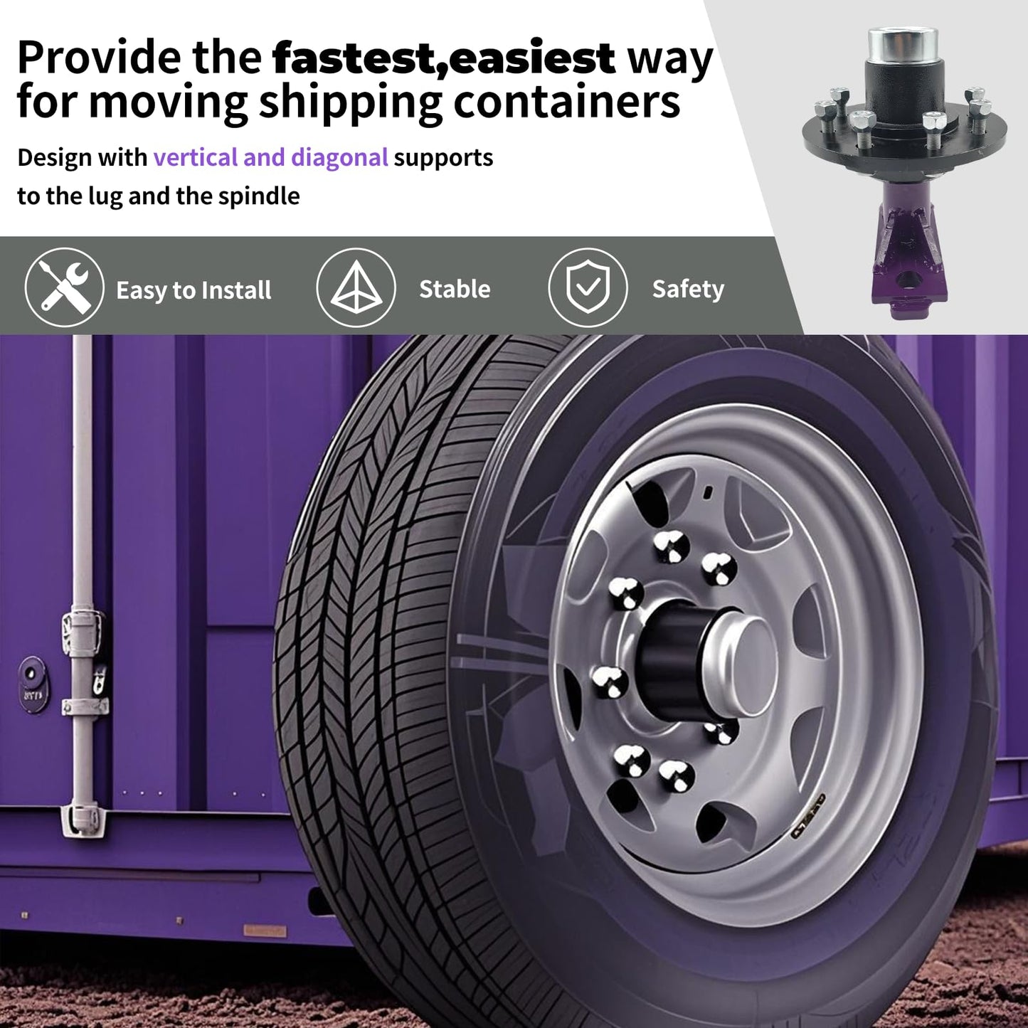 2 Pack Shipping Container Wheels 8-Lug Wheels Kit, Heavy-Duty Shipping Container Axles, Moves up to 40ft Shipping Container, Extra Thick Plate 8 Lugx6.5" Bolt-on Spindle Kit Quick Disassembly (Purple)