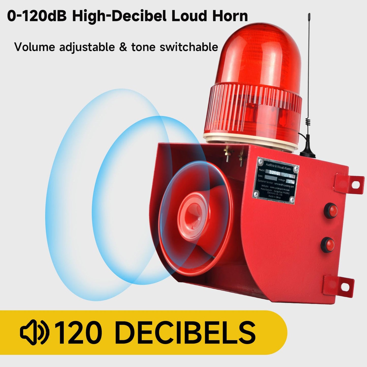 Y DIANS S Outdoor Indoor Alarm Siren Wireless Waterproof 0.3mile Remote Control Emergency Security Siren with 0-120dB Adjustable, 12 Tone Switchable for Warehouse Industry Buliding AC110-120V