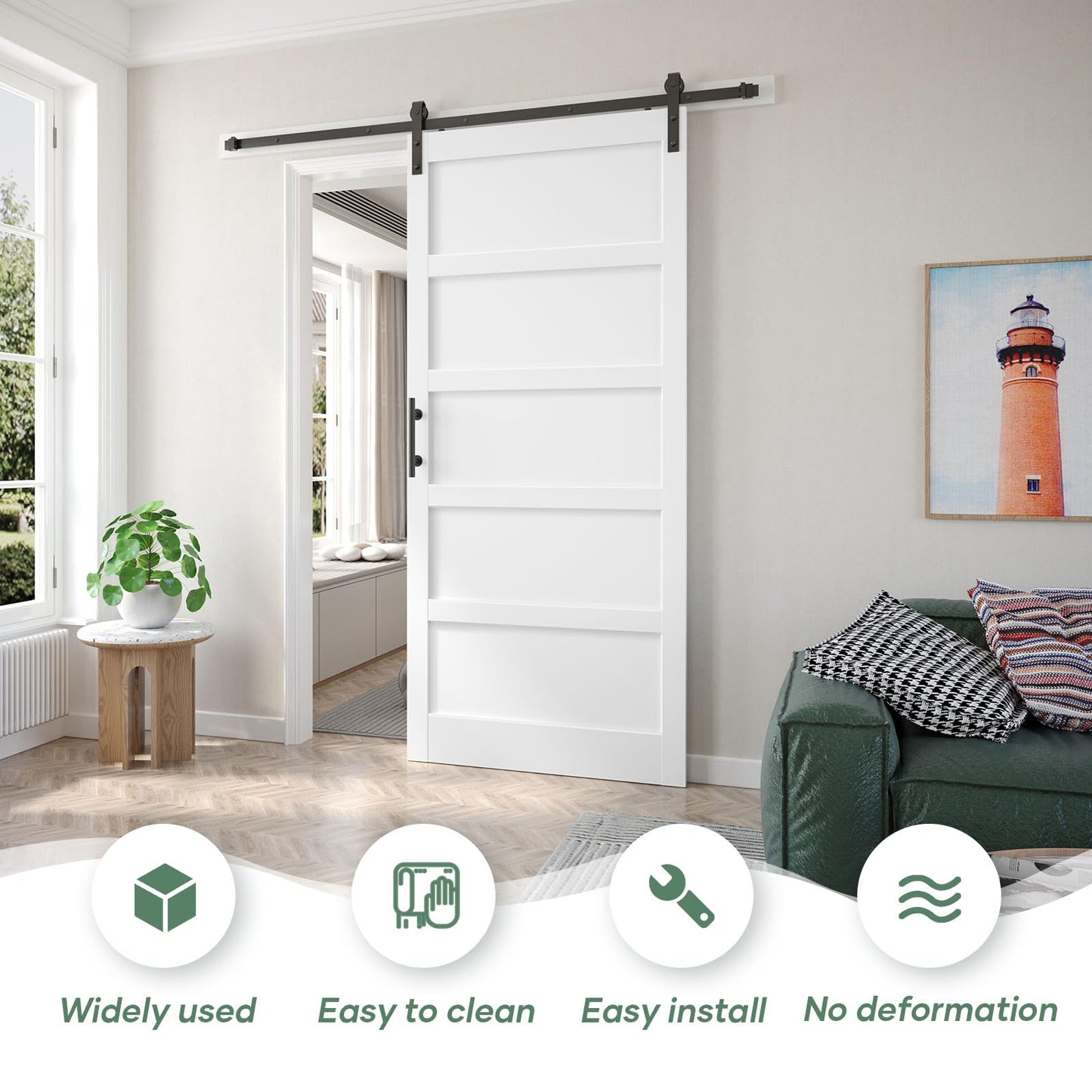 Fredbeck 42x96 inch White Barn Door with 7FT Sliding Door Hardware Kit Included & Handle,MDF,Solid PVC Surface,DIY Assembly,5-Panel