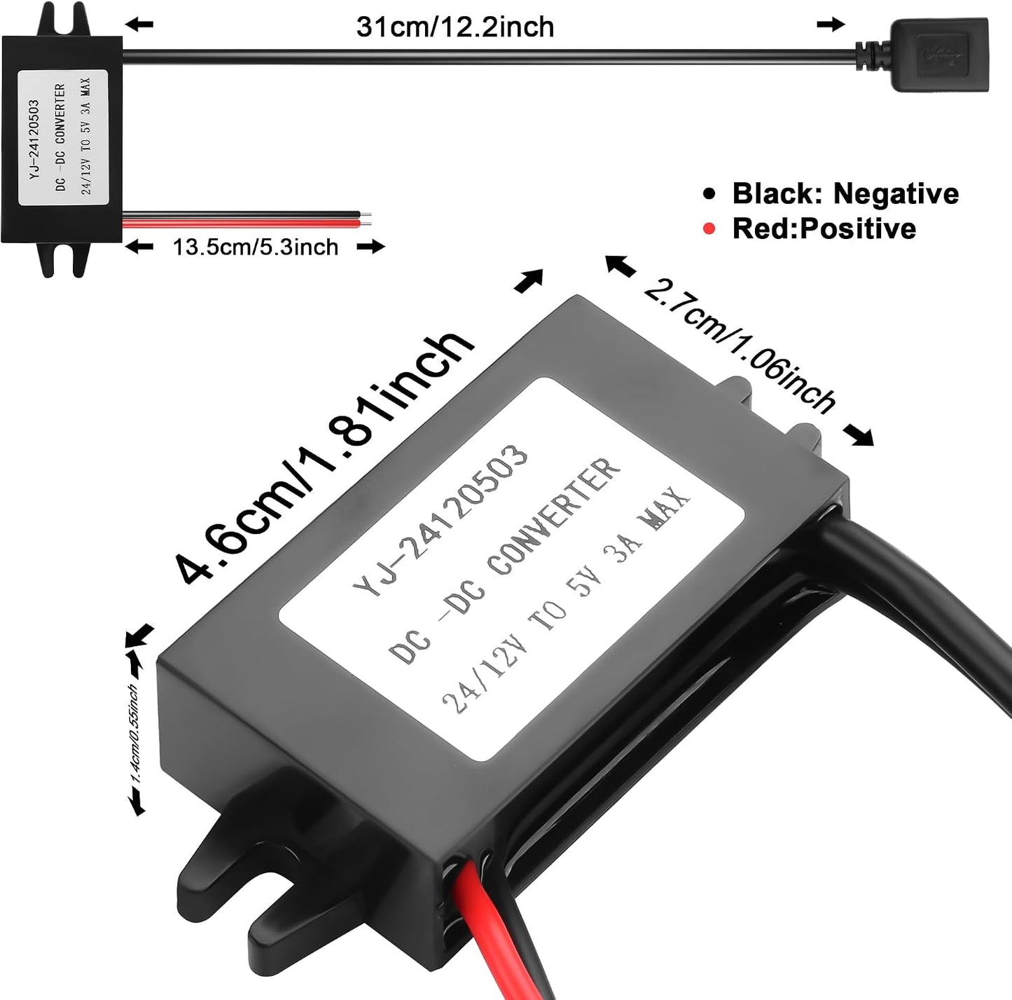 JSADZKJ 12V 24V 5V 3A 15W DIY30cm/1ft(Double DC to Dual USB Female Power Converter,DC-D C Step Down Power
