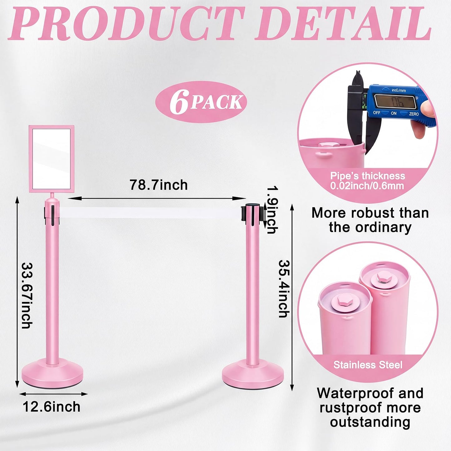 Therwen 6 Pack Heavy Duty Crowd Control Stanchions 9.8 ft Stainless Steel Stanchion Set with 6 Safety Barrier Post Retractable Belt and 1 Sign Holder Crowd Control Barrier(White Belt,Pink)