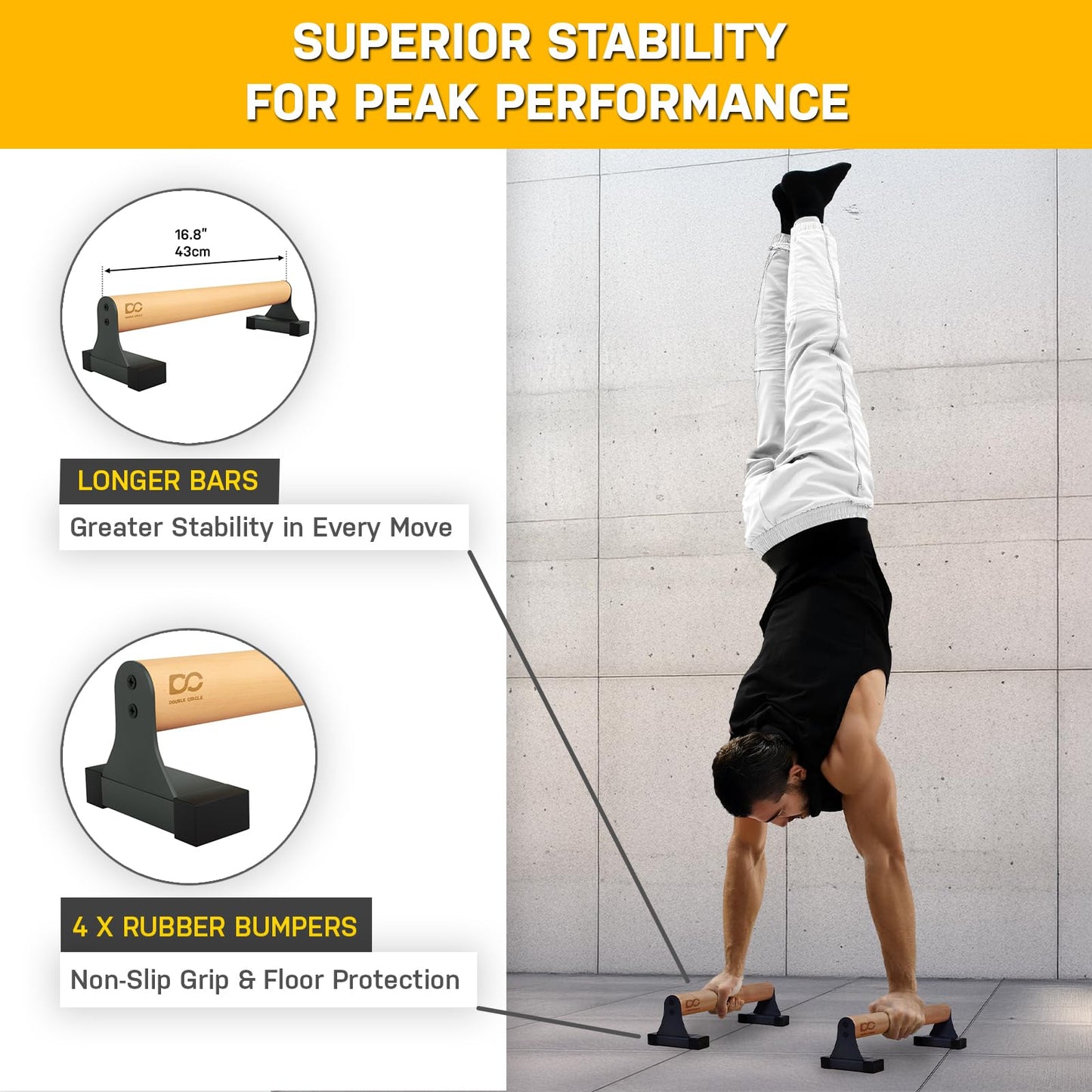 Double Circle Parallettes Push Up Bar with Ergonomic Wooden Handles - Calisthenics Equipment - Non-slip Parallel Bars for Strength Training and Calisthenics - Pushup Handles Parallettes Bars (17 IN)