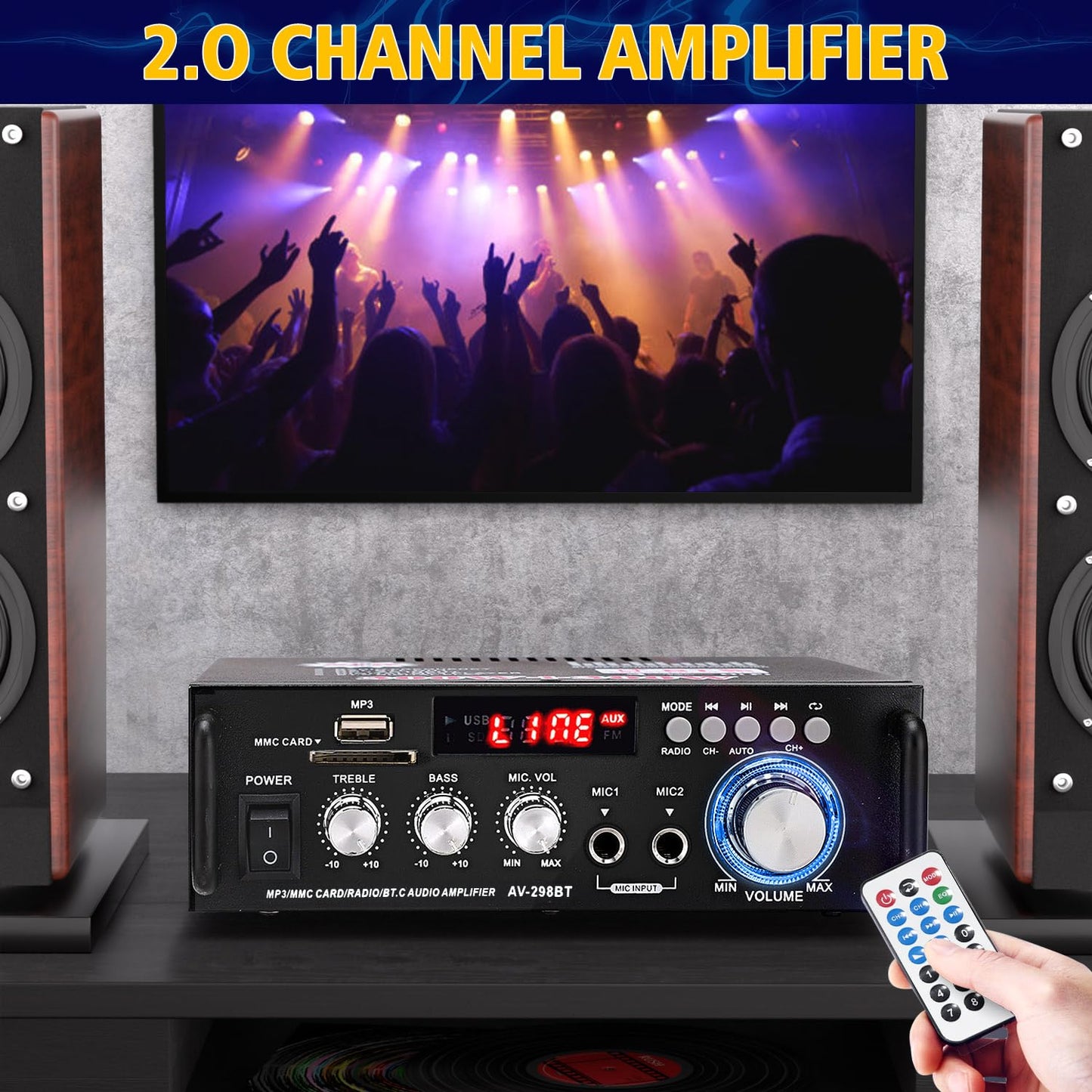 AV-298BT 600W 2 5.0 Stereo Audio Amplifier, Max Amp Channel Wireless Bluetooth Power Amplifier System, Home Amplifiers