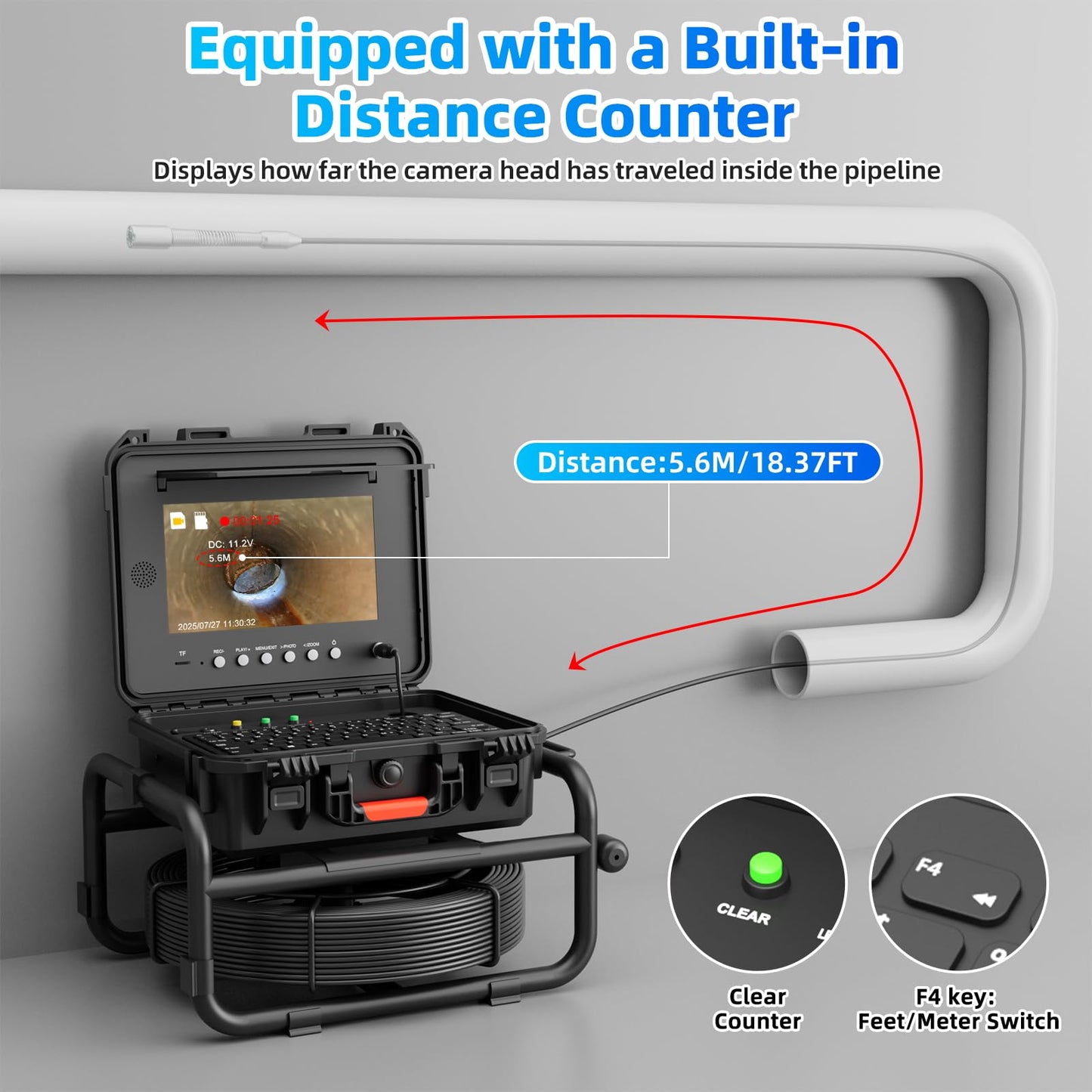 Sanyipace Sewer Camera 165FT/50M with 512Hz Transmitter,10" HD Screen,Self-Leveling,Distance Counter,Inspection Camera with [Mic+Speaker+Audio Video] Record,32GB,Ideal for Plumbers and Home(7mm Cable)