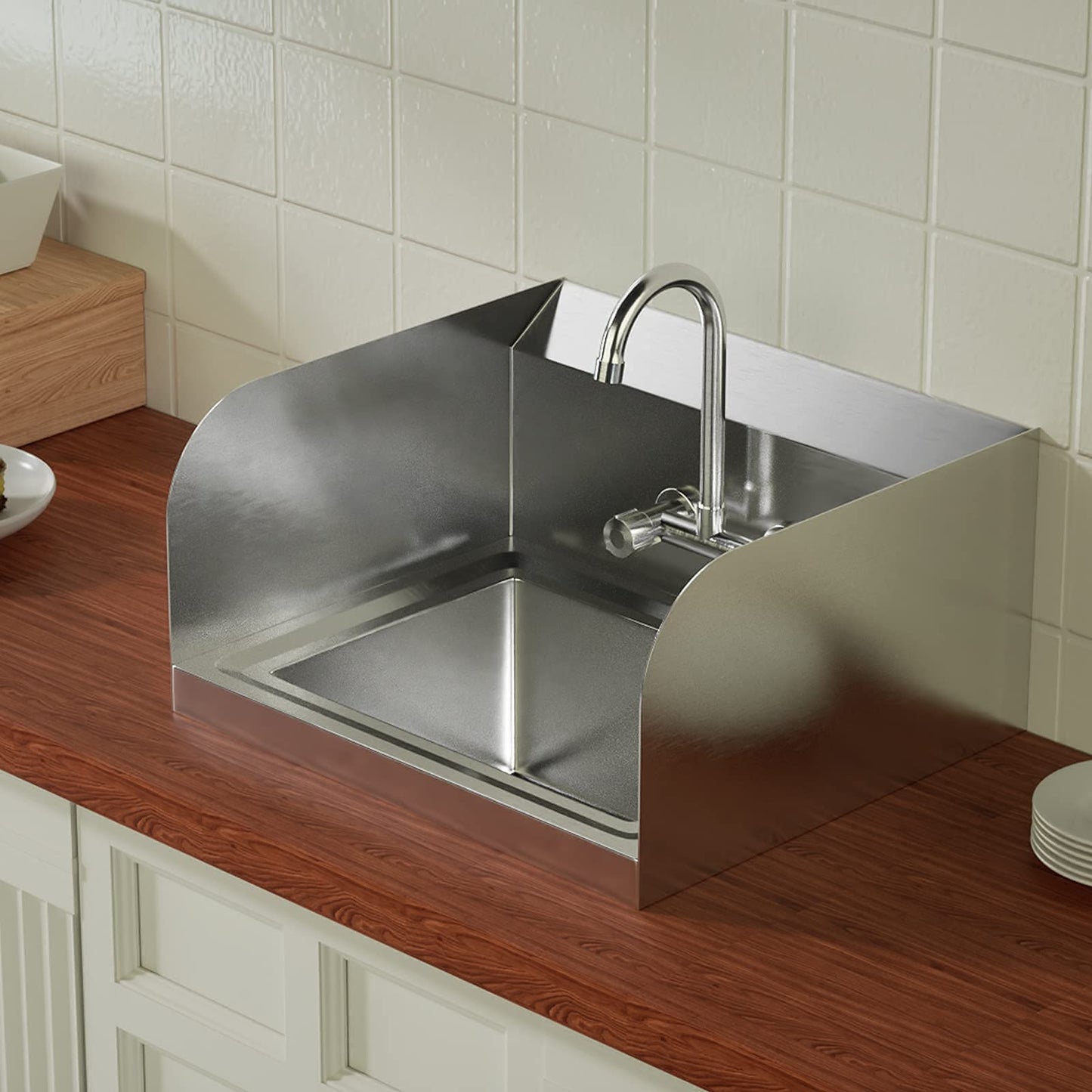 Bonnlo Upgraded Commercial Hand Wash Stainless Steel Prep/Bar Sink with Side Splash Guard - Wall Mount Utility Sink Hand Washing Basin with Faucet for Commercial Restaurant RV Kitchen