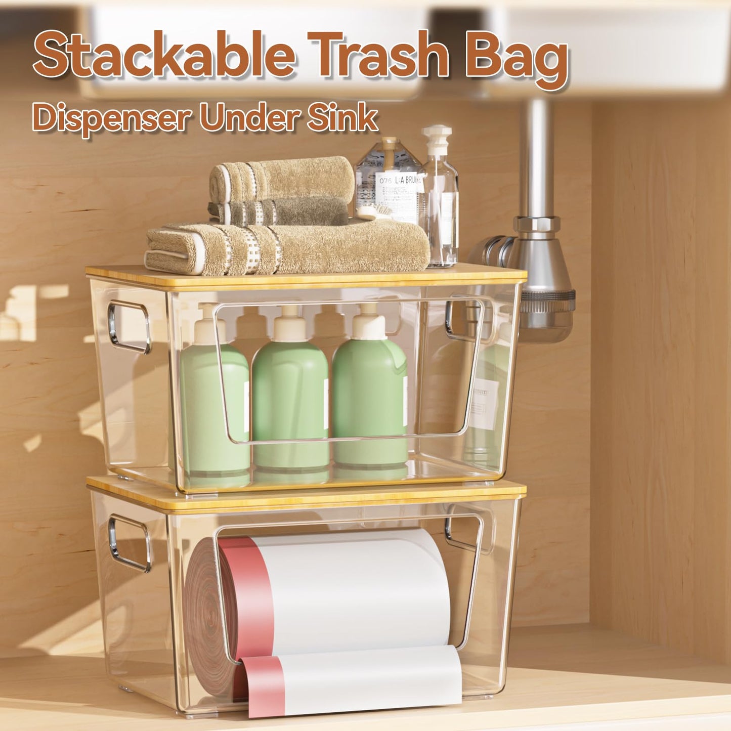 spospo 2 Pack Trash Bag Holder with Bamboo Lid, Stackable Trashbag Dispenser, Extra Large Garbage Bag Holder for Kitchen Laundry Room Under Sink Organization and Storage