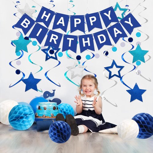 Meowtastic Birthday Decorations - Happy Birthday Banner with Honeycomb Balls & Stars | Blue Party Decor