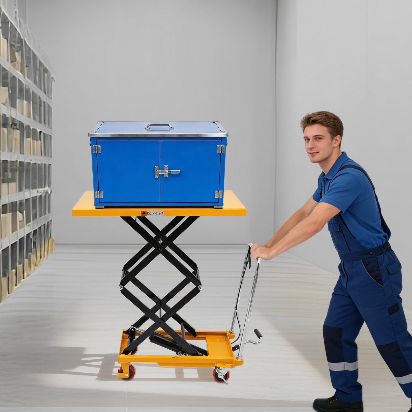 Hydraulic Lift Table Cart, 770 LBS Double Scissor Lift Table Double Scissor Lift Table with 49.6 Max Lift Q235 Steel & PU Non-Slip Pad with 4 Wheels for Warehouse Shop & Garage Material Handling