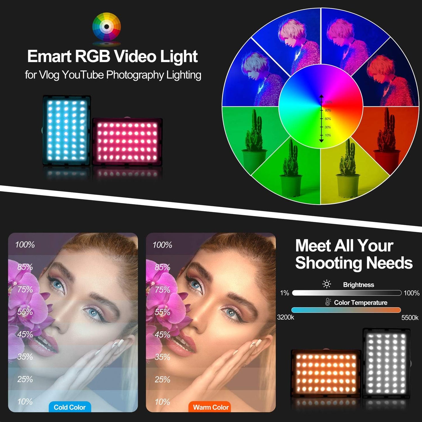 EMART 51 inch Dimmable RGB LED Photography Light with Extendable Selfie Stick & Tripod Stand, Video Light with Mini