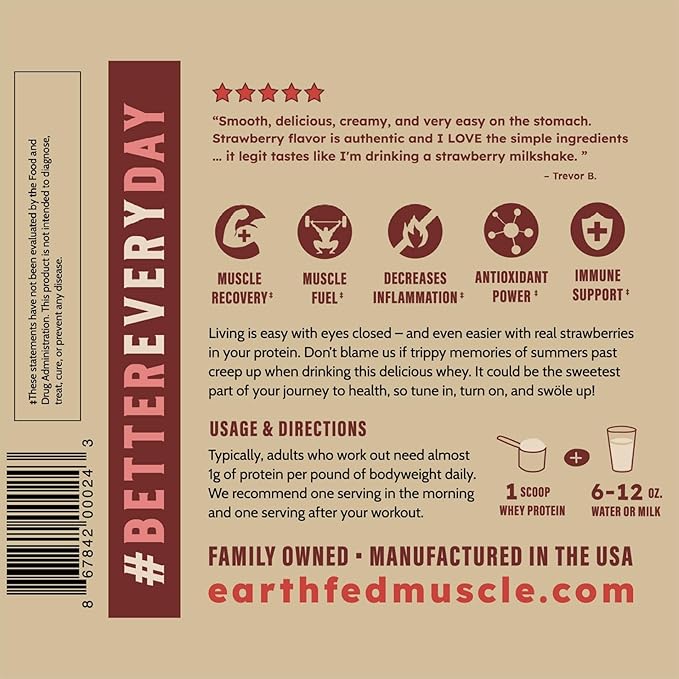 Earth Fed Muscle Strawberry?¯Feels??Forever) ??Irish Truly Grass?‘Fed Whey Protein Isolate, No Sugar, Soy?‘Free, Gluten?‘Free (2 lb, 29 Servings, Strawberry)