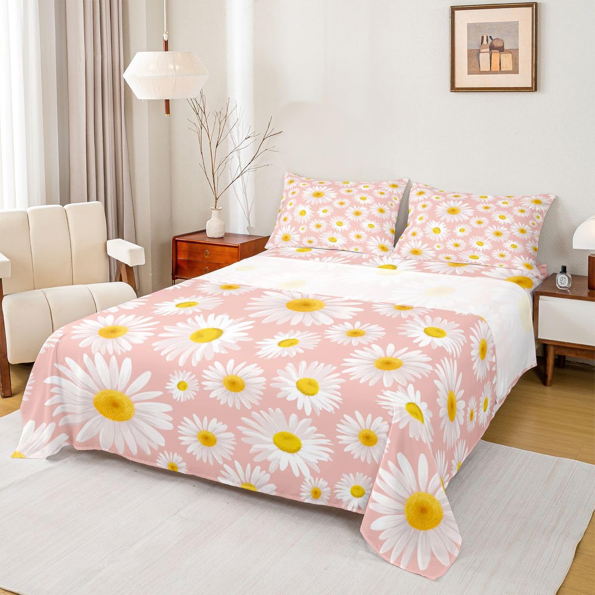 Erosebridal Pink Daisy Sheet Set Queen Size Boho Floral Bed Sheets,Romantic Garden Flowers Fitted Sheet Plant Botanical Bed Cover for Boys Child Bohemian Farmhouse Rustic Room Decor