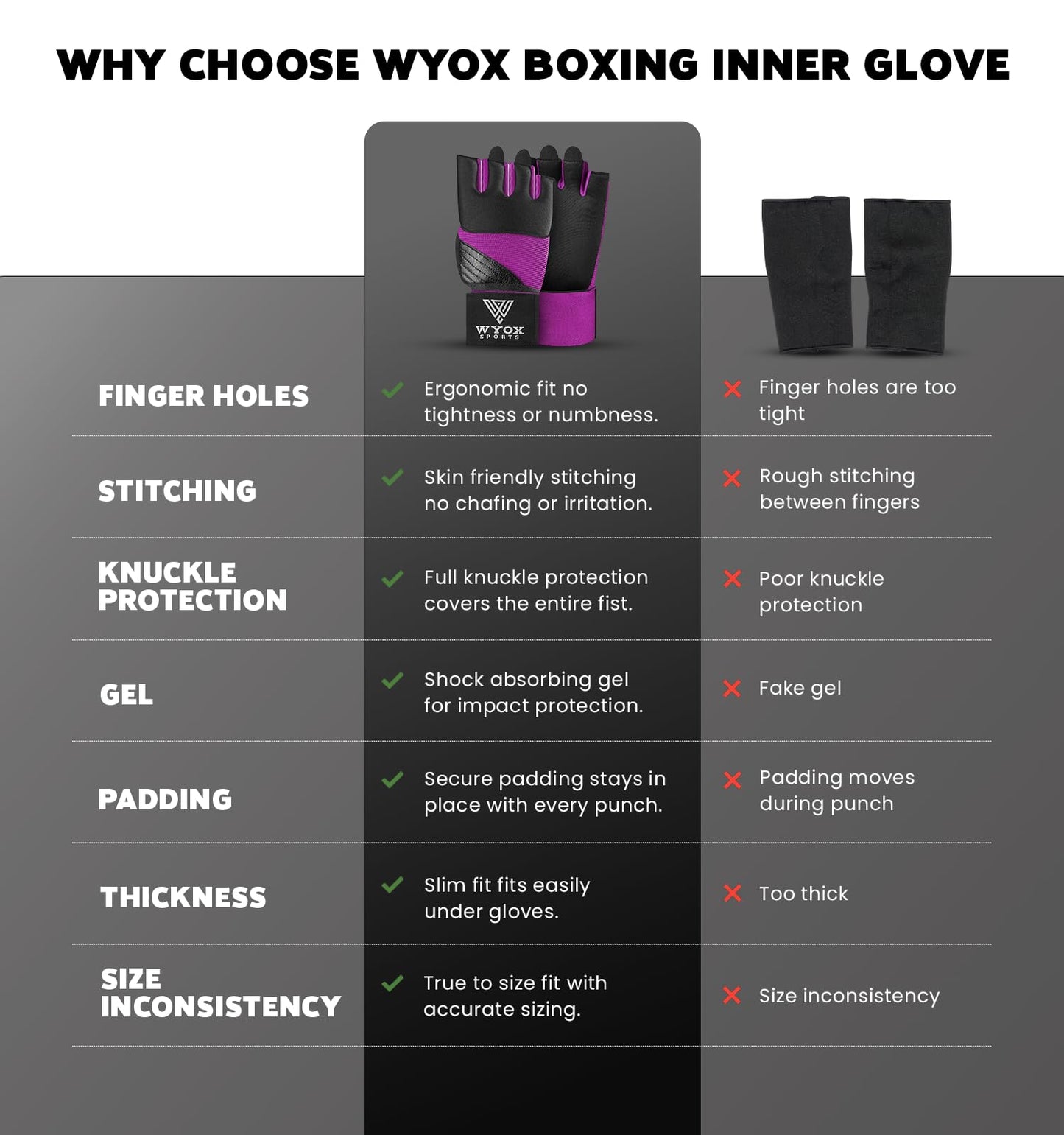 WYOX Gel Boxing Hand Wraps Inner Gloves for Men & Women, 80cm Quick Wrist Straps, Padded Knuckle Protection for Muay Thai Kickboxing, Hand Wraps for Boxing & Martial Arts (Purple, S/M)