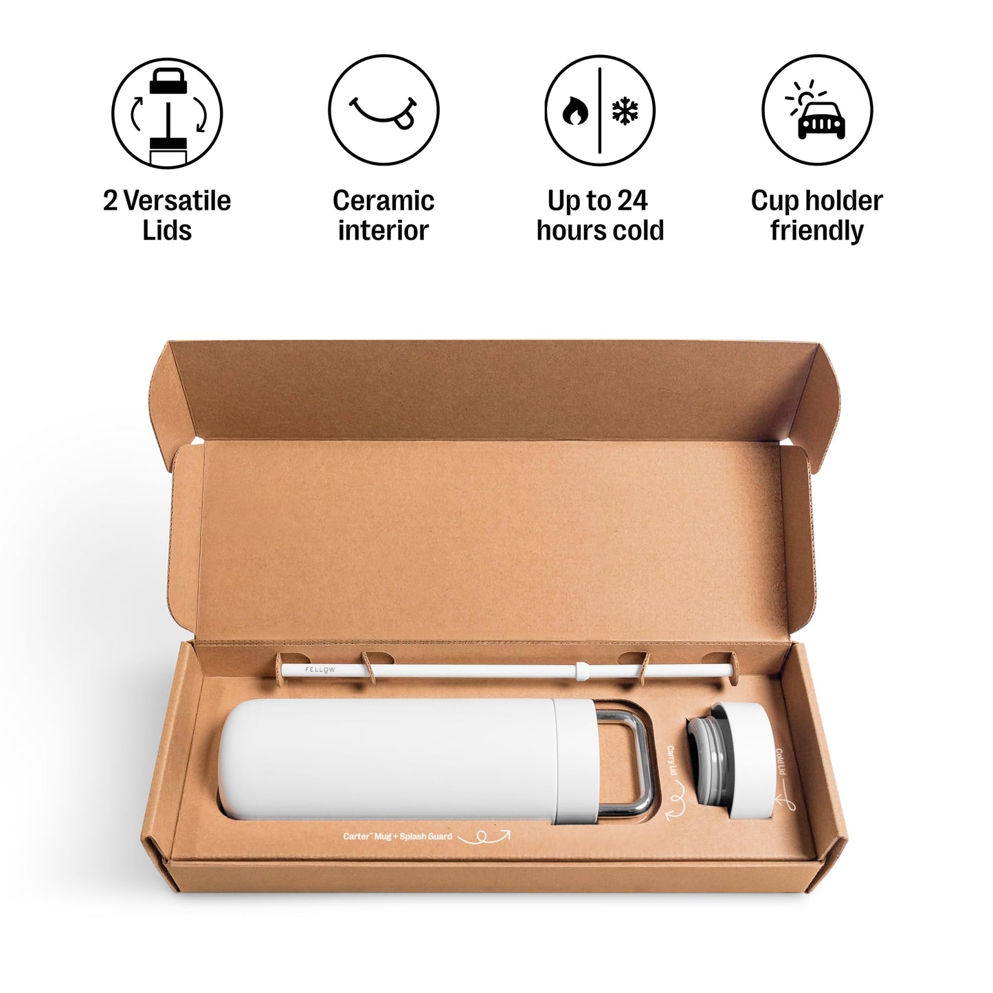 Fellow 20 oz Carter Water Bottle with 2 Lids - Leak-Proof Lid with Metal Handle - Cold Lid with Straw - Ceramic Interior & Vacuum-Insulated Stainless Steel - Matte White