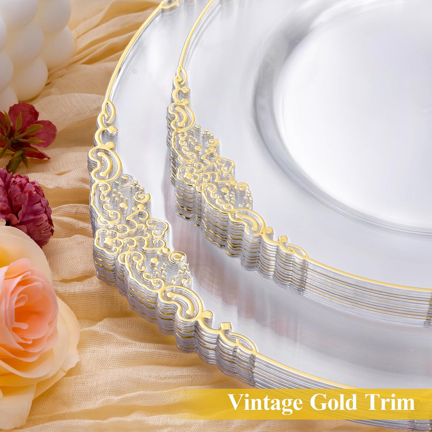Bestluck 100 PCS Clear and Gold Plastic Plates for 50 Guests, Clear Disposable Plates Include 50 PCS Dinner Plates, 50 PCS Dessert Plates for Party, Wedding