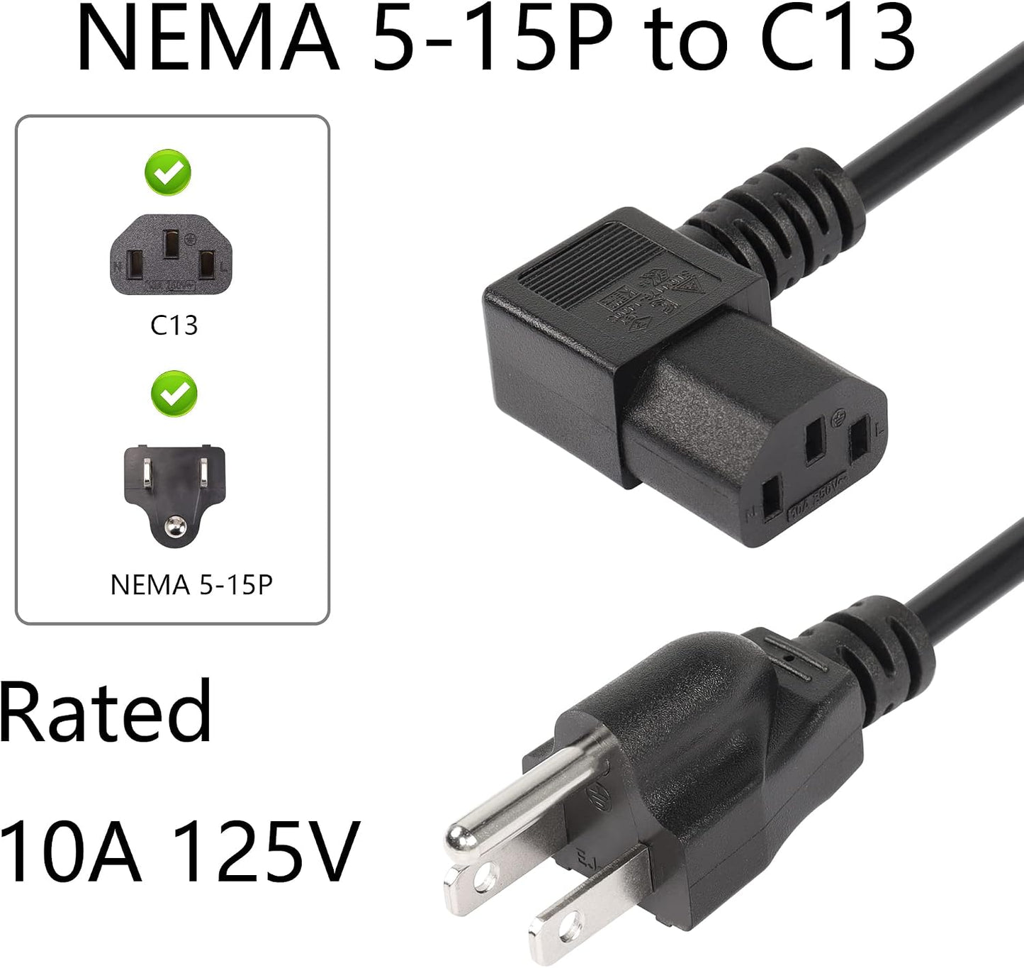 CERRXIAN 4.92FT 18AWG 3 5-15P 90 320 C13 10A/125V, Left Angle Prong Computer Power Cord, NEMA to Degree IEC Monitor TV