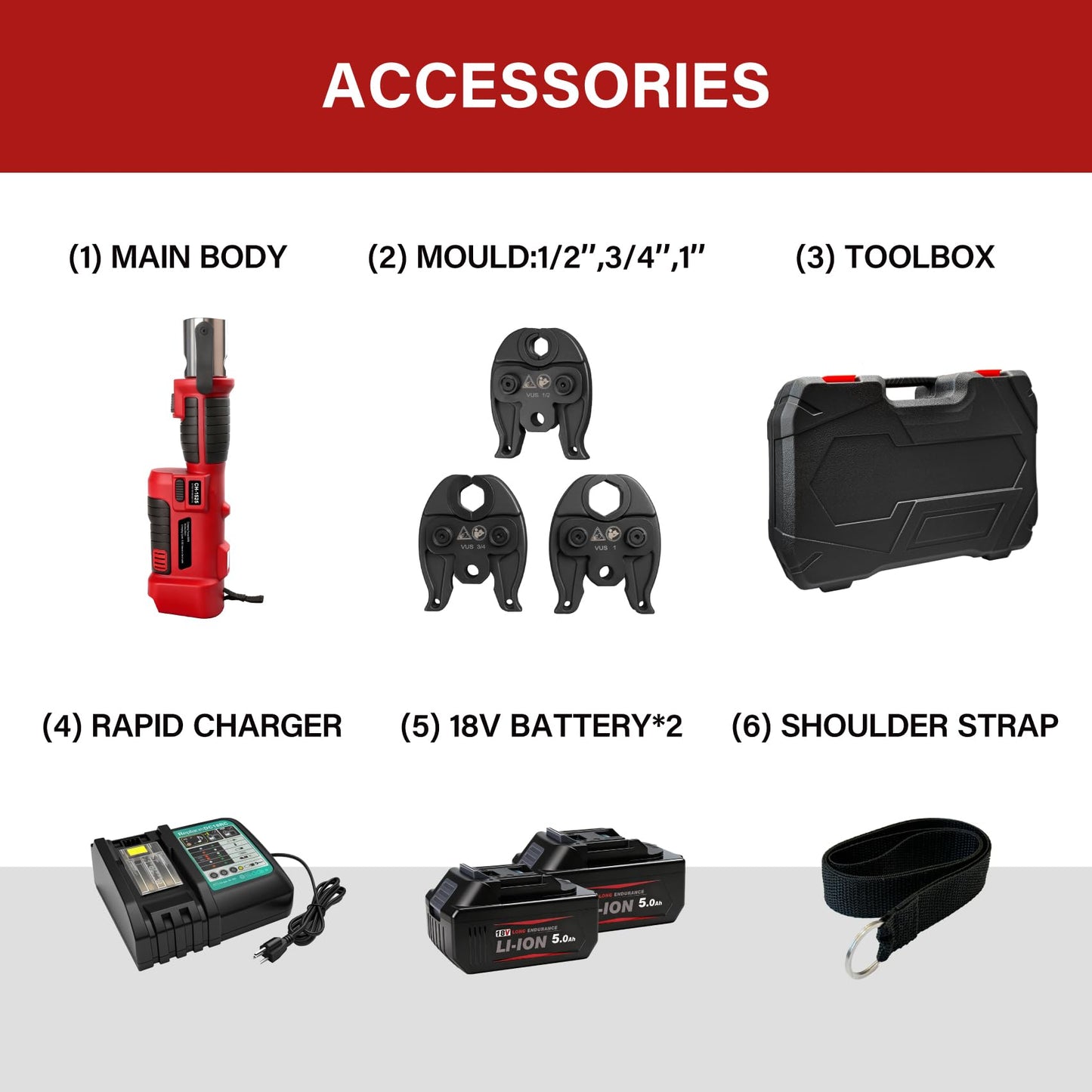 18V 50kN Pro Press Tool, Electric Pipe Crimper with 1/2", 3/4", 1" Jaws Hydraulic Battery Copper/Stainless Steel Tubes Crimping Tools, Brushless Motor, 2x5AH Batteries, Fast Charger & Carrying Case