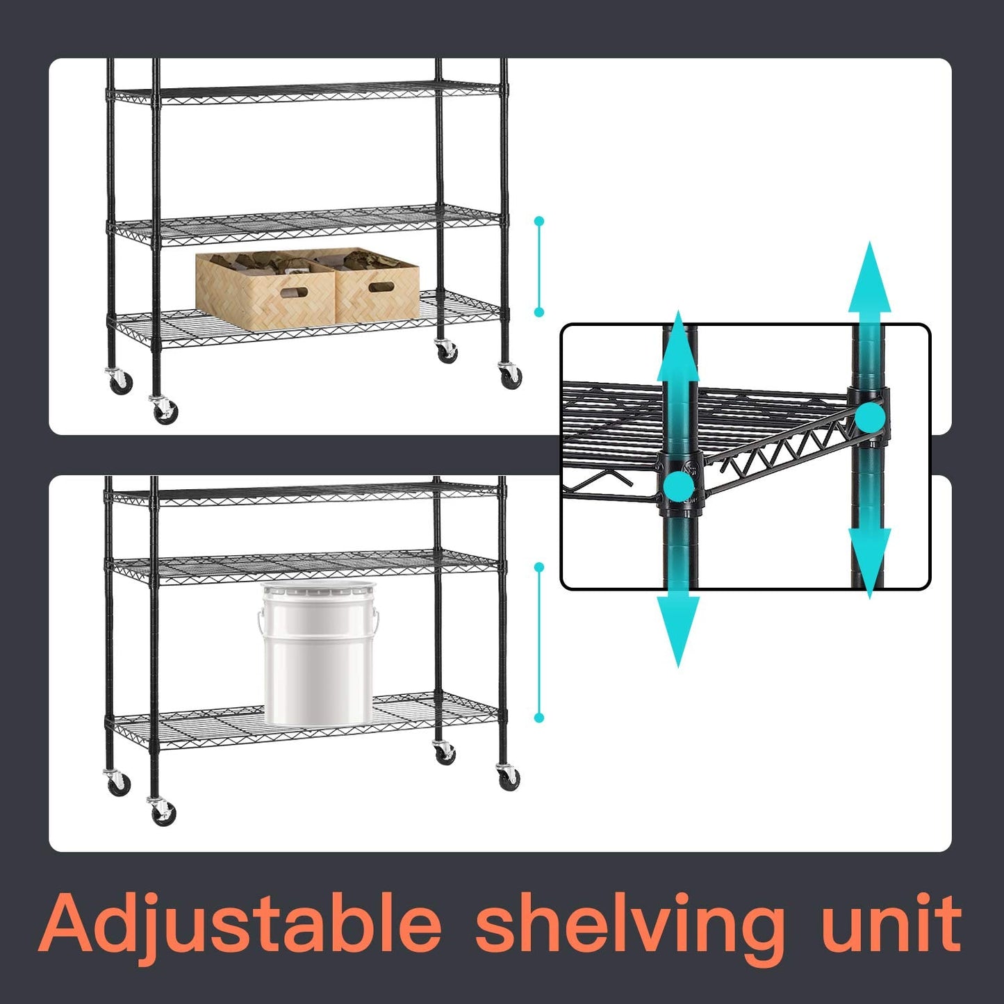 BestOffice Commercial Wire Shelving Unit Metal Shelf Casters Adjustable Layer Rack Strong Steel for Restaurant Garage Pantry Kitchen Garage (45×18×82, Black)