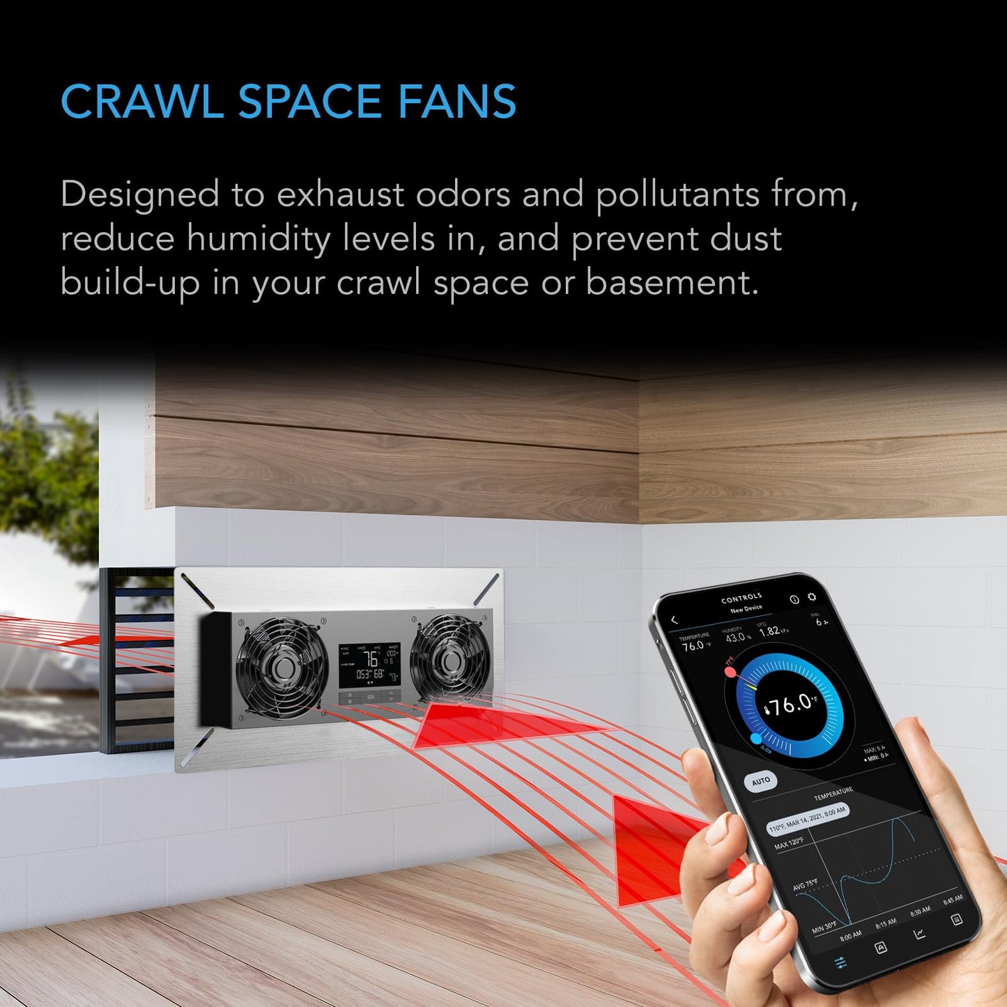 AC Infinity AIRTITAN T8, Crawlspace Basement Ventilator Fan, with WiFi App-Compatible Temperature Humidity Controller, IP-55 Rated, Exhaust