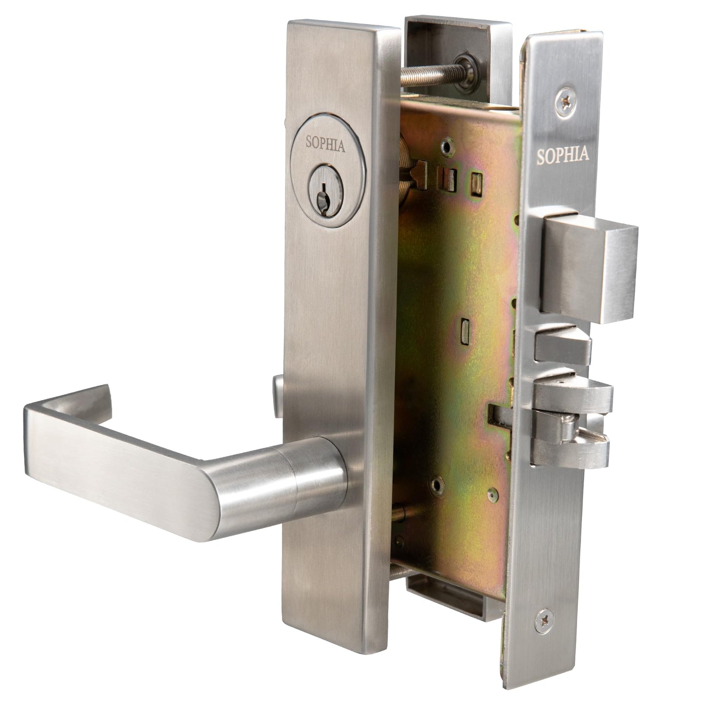 SOPHIA Commercial/Residential Heavy Duty Mortise Lockset Door Lever Lock Non-Handed Grade 1 - Escutcheon Plate Keyed Lever Lockset, ADA, US32D Satin Chrome Finish for Entrance Front Door