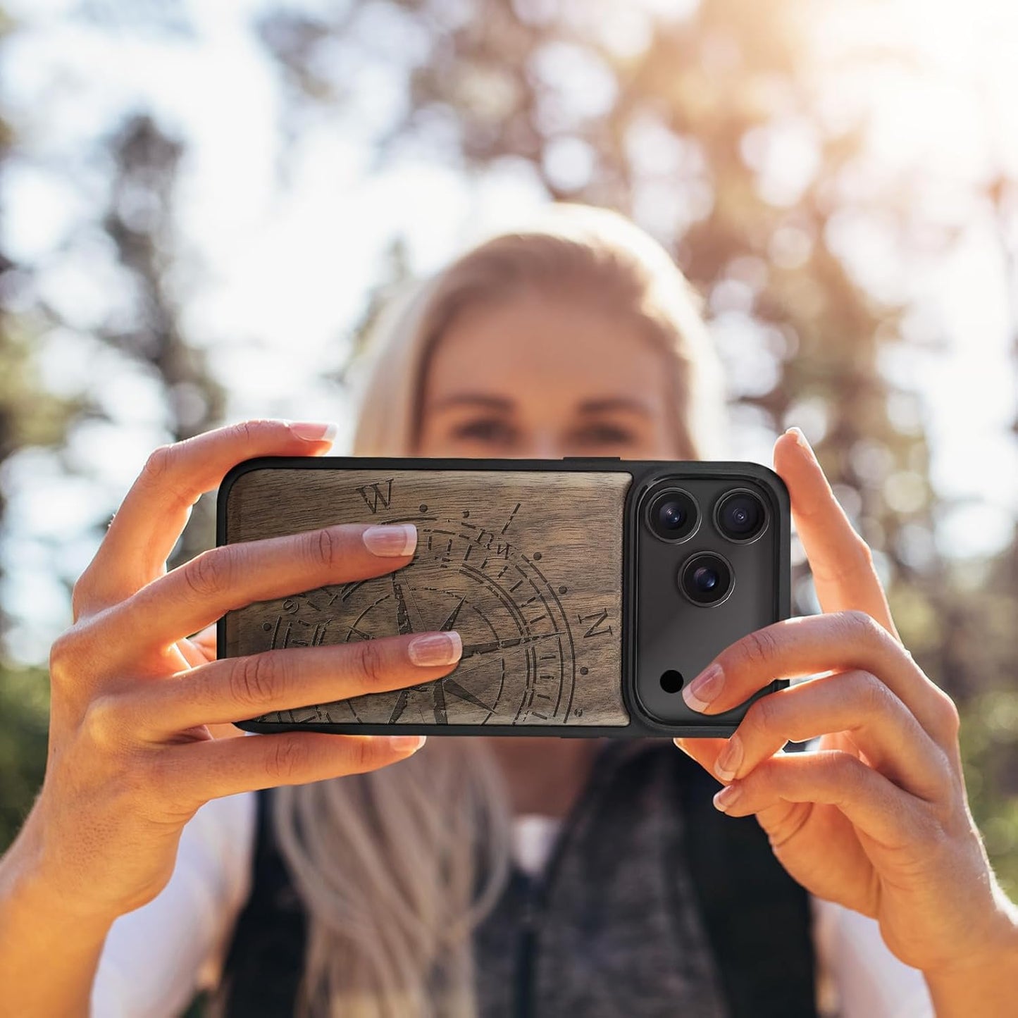 Carveit 17 Magnetic Wooden Case for iPhone Pro Max Case, Wood Artisan Engraved & Black Soft TPU Shockproof Cover