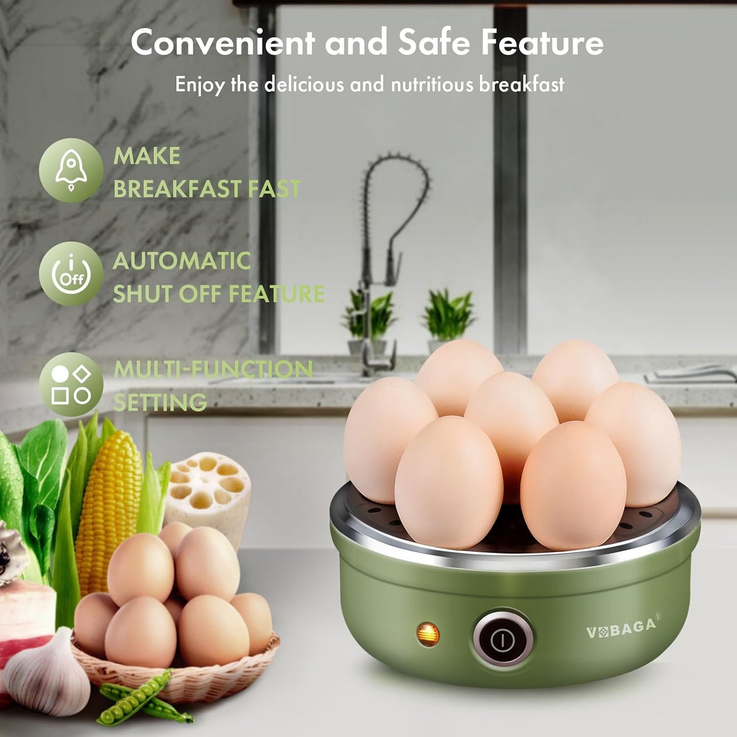 VOBAGA Electric Egg Cooker - Rapid Boiler with Auto Shut Off for Soft, Medium, Hard Boiled Eggs | 7-Egg Capacity, Green