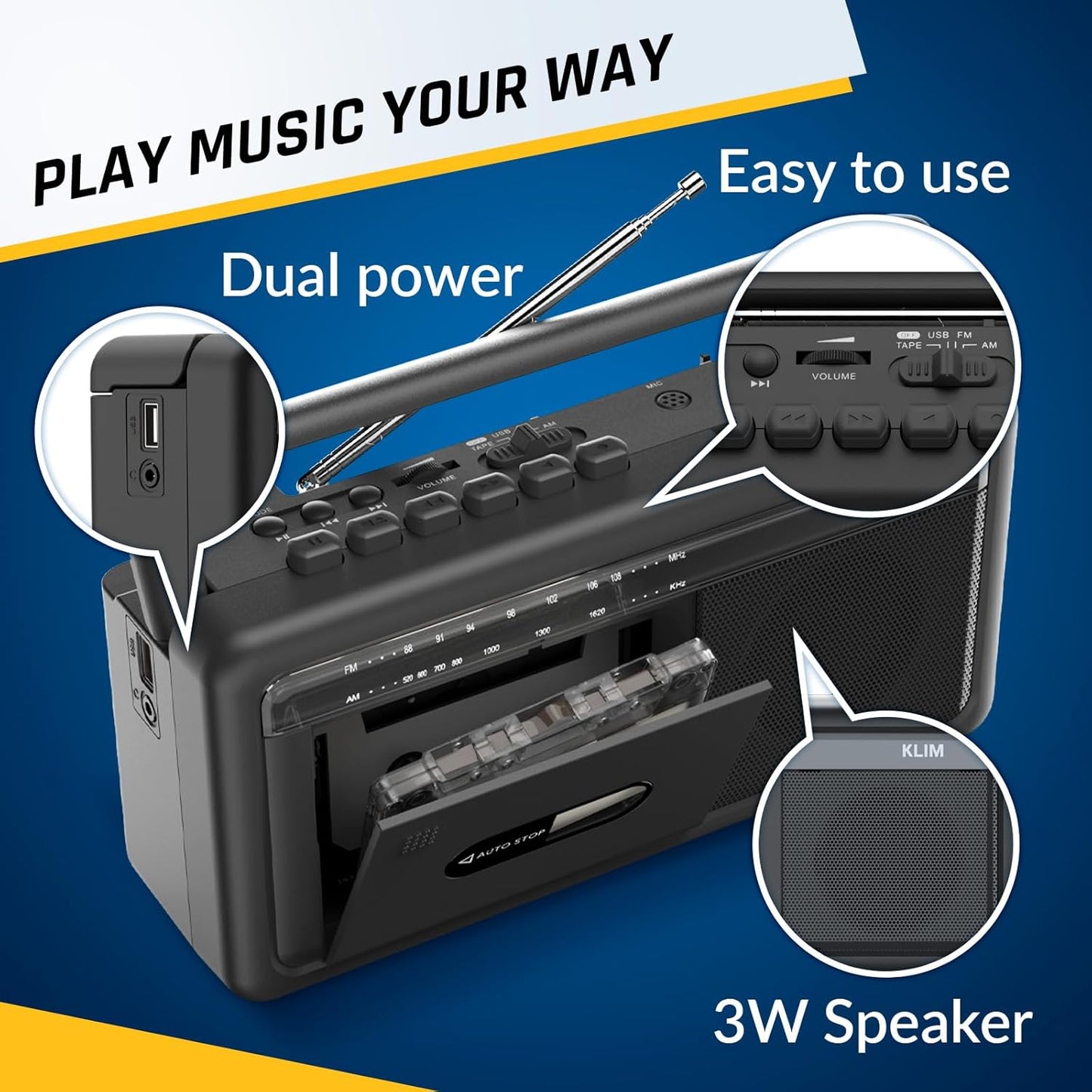 KLIM Cassette Portable Player & Tape Recorder Boombox with AM/FM Radio, USB, Bluetooth, Speaker, and Earphone Jack