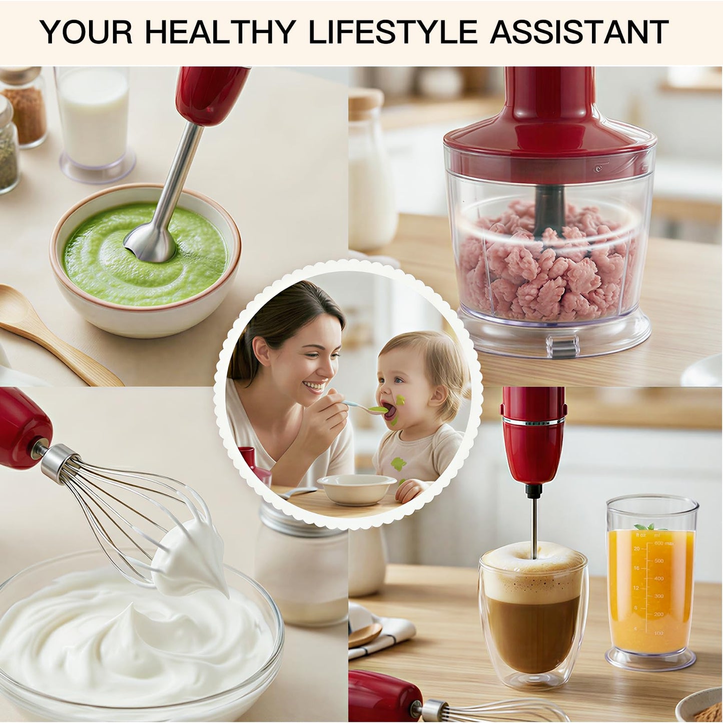 Megawise HB-2053 5-in-1 Hand Immersion Blender Set, 1000W Powerful Stick Blender with Turbo Mode, Variable Speed Control, Stainless Steel Blade, Includes Whisk, Milk Frother, Chopper Bowl & Beaker