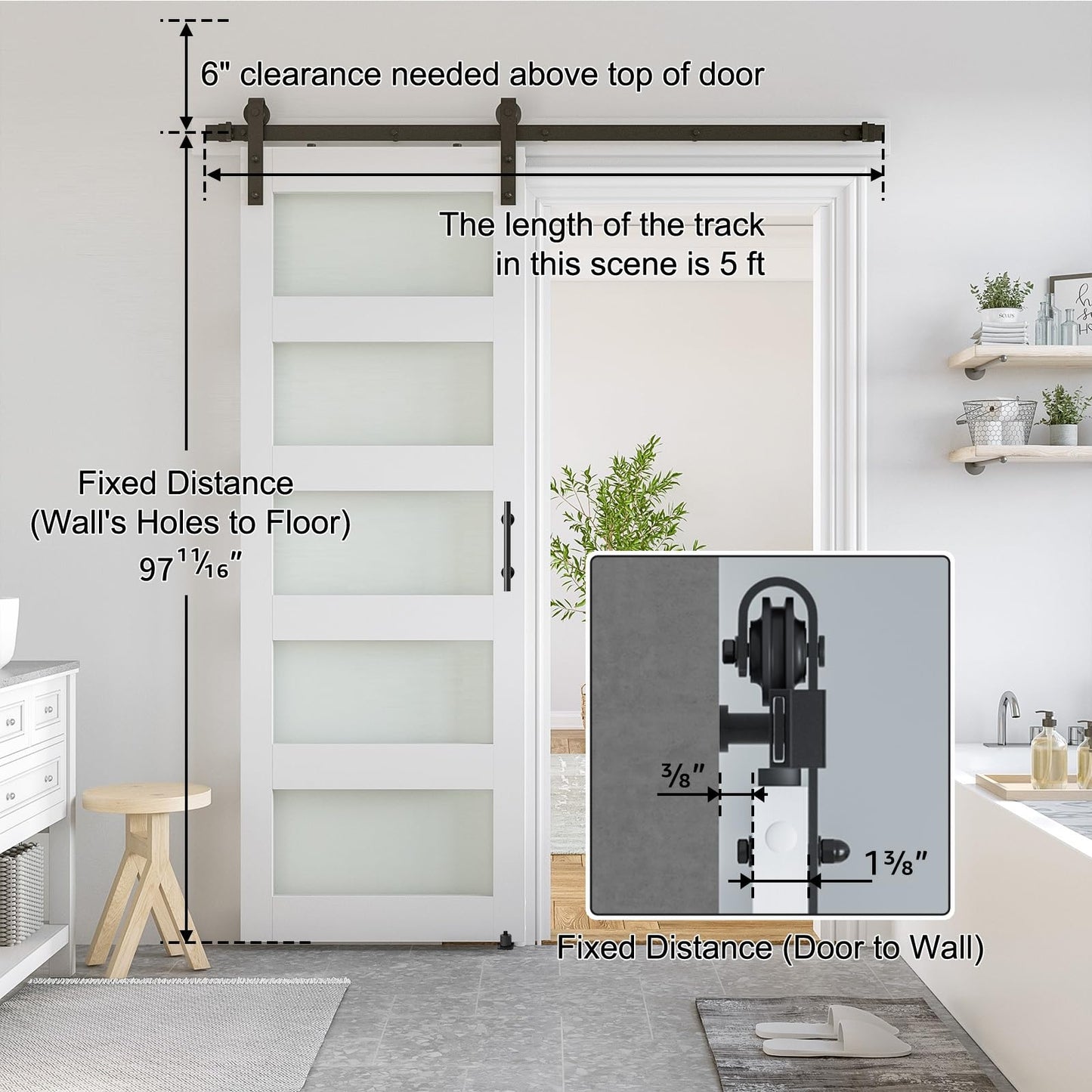 SmartStandard 30 x 96 in Glass Barn Door with 5FT Sliding Hardware Kit & Handle, Pre-Drilled Ready to Assemble, Waterproof PVC Coating, White, 5-Panel Glass