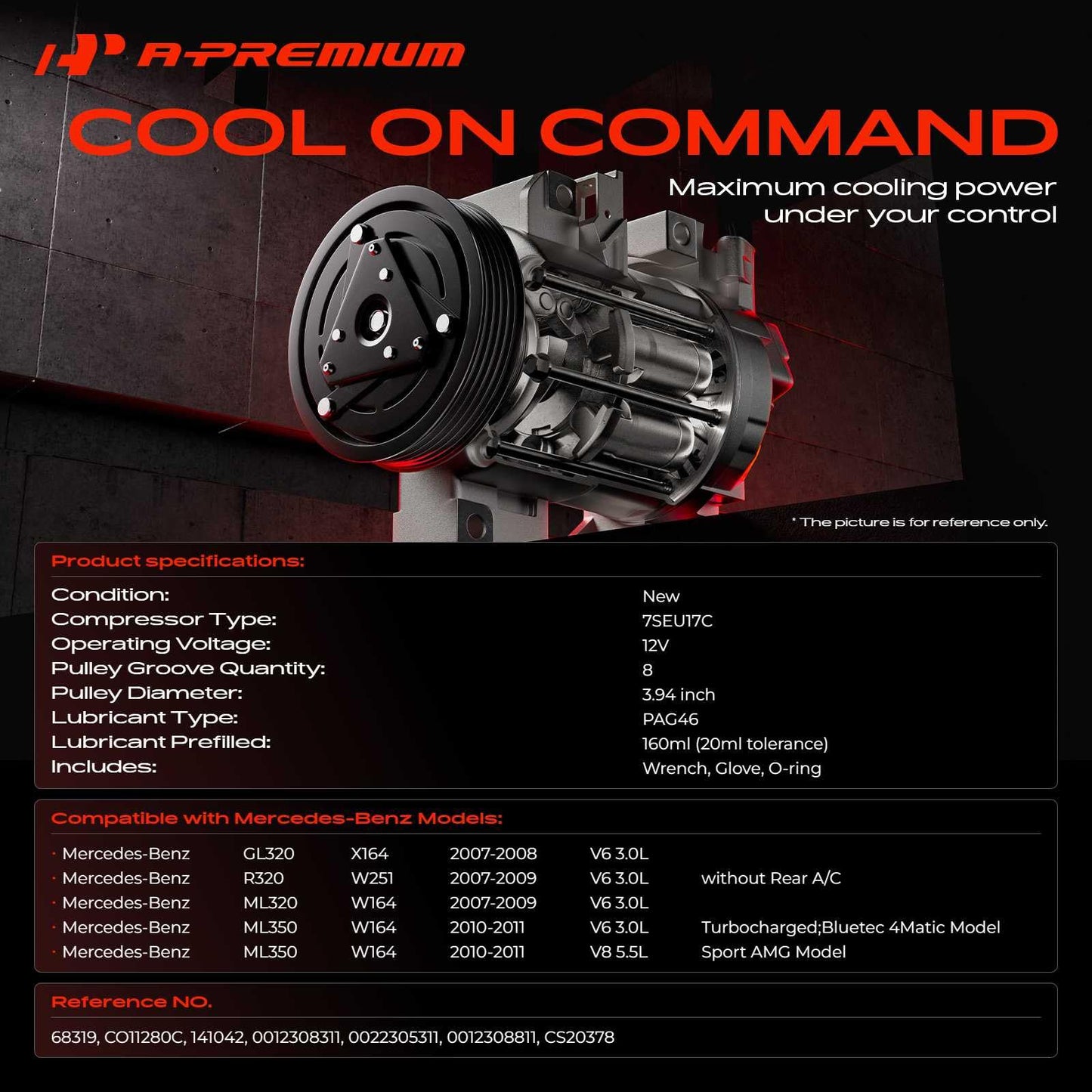 A-Premium Air Conditioner AC Compressor with Clutch Compatible with Mercedes-Benz GL320 2007-2008 3.0L, R320 ML320 2007-2009 3.0L, ML350 2010-2011 3.0L 5.5L