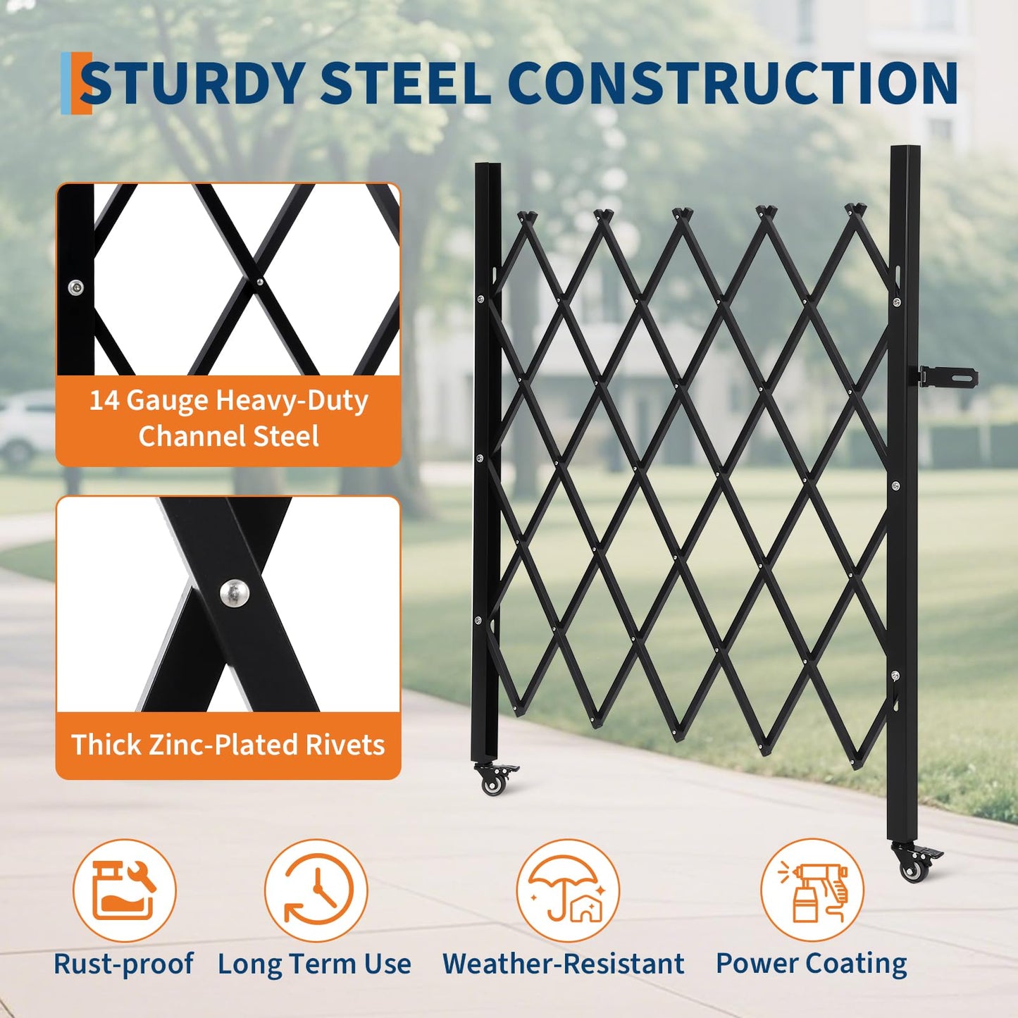 Single Expandable Gate, 87" H x 84" W Folding Security Gate, Folding Door Gate, Steel Accordion Security Gate, Flexible Garage door gate, 360° Rolling Barricade Gate, Scissor Gate or Door with Padlock