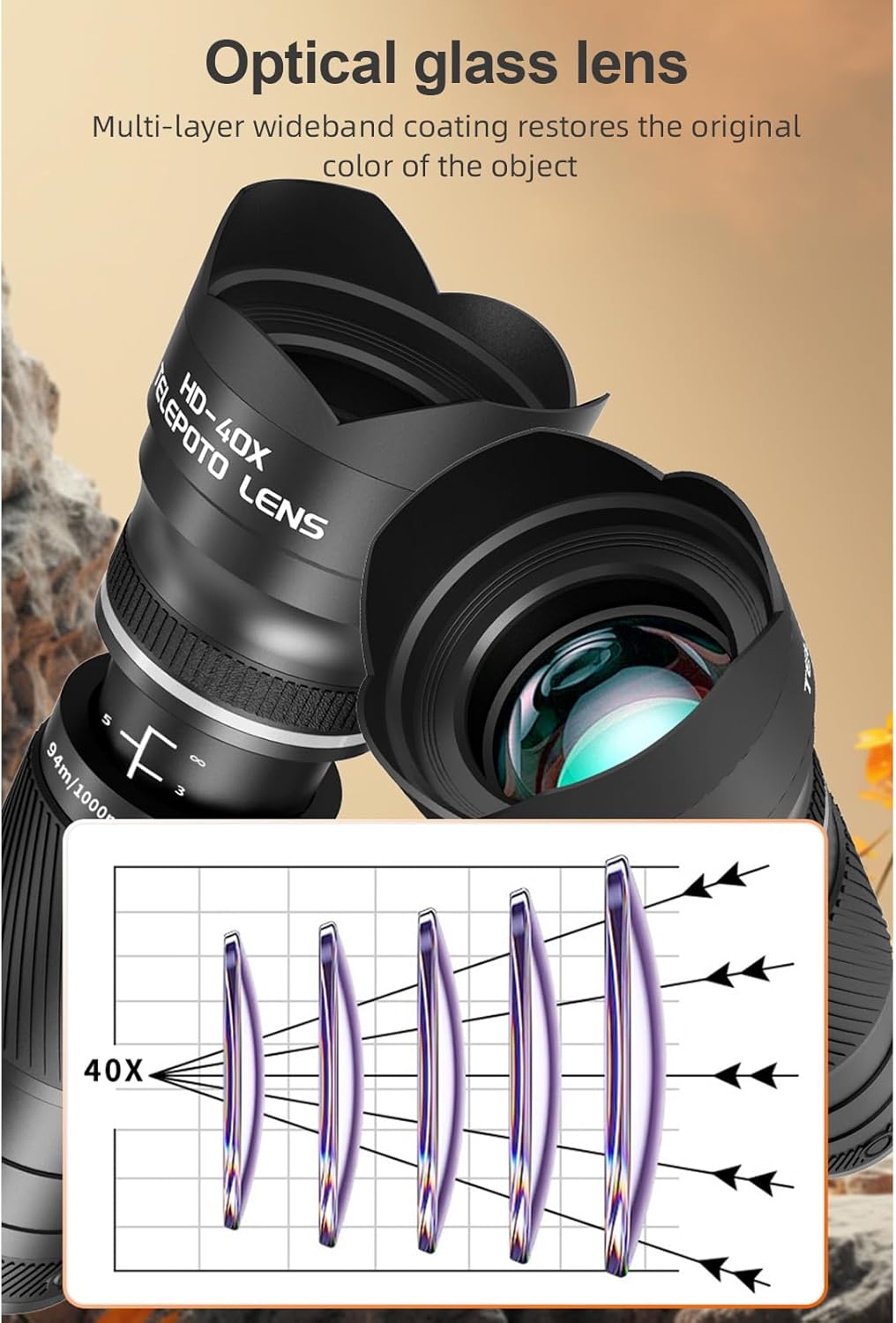 Andoer 40X Zoom Lens with Tripod Phone Telephoto Lens Phone Telescope Phone Camera Lens for Hiking Camping Wildlife